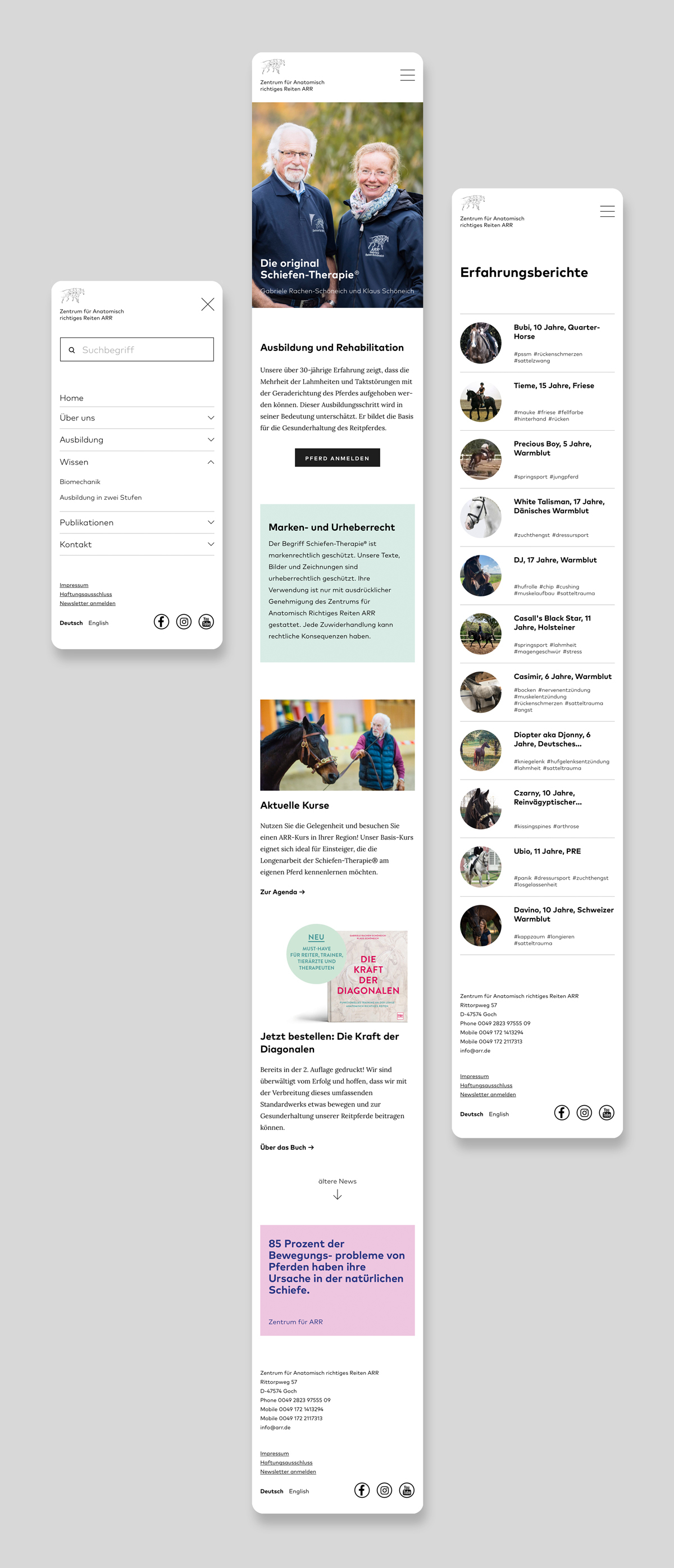 Mobile-Ansicht der Website des Zentrums für Anatomisch richtiges Reiten ARR mit Menü, Kursangebot und Erfahrungsberichten.