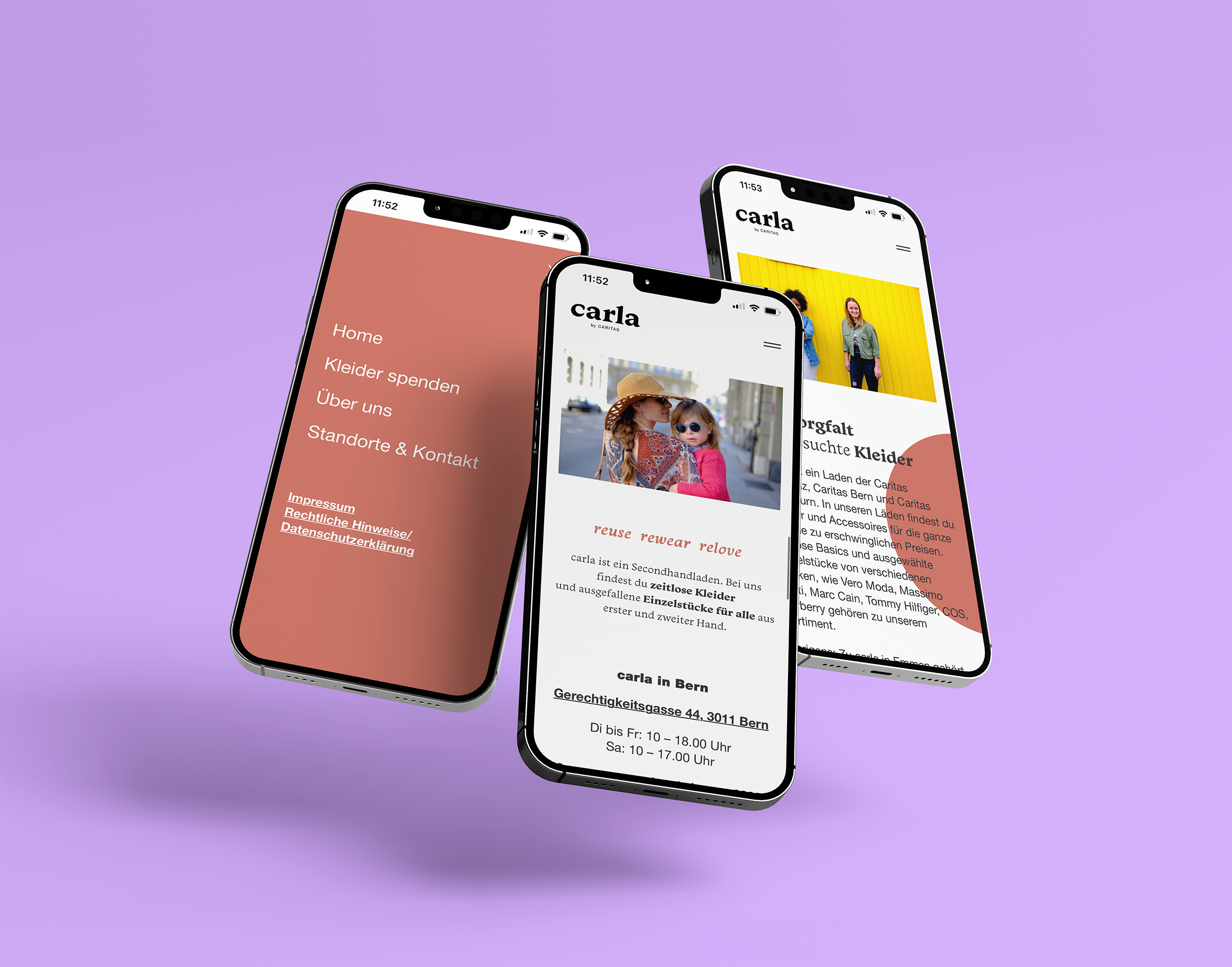 Mobile-Webseite Screens von Carla by Caritas mit Informationen zu Kleidungsspenden und Öffnungszeiten
