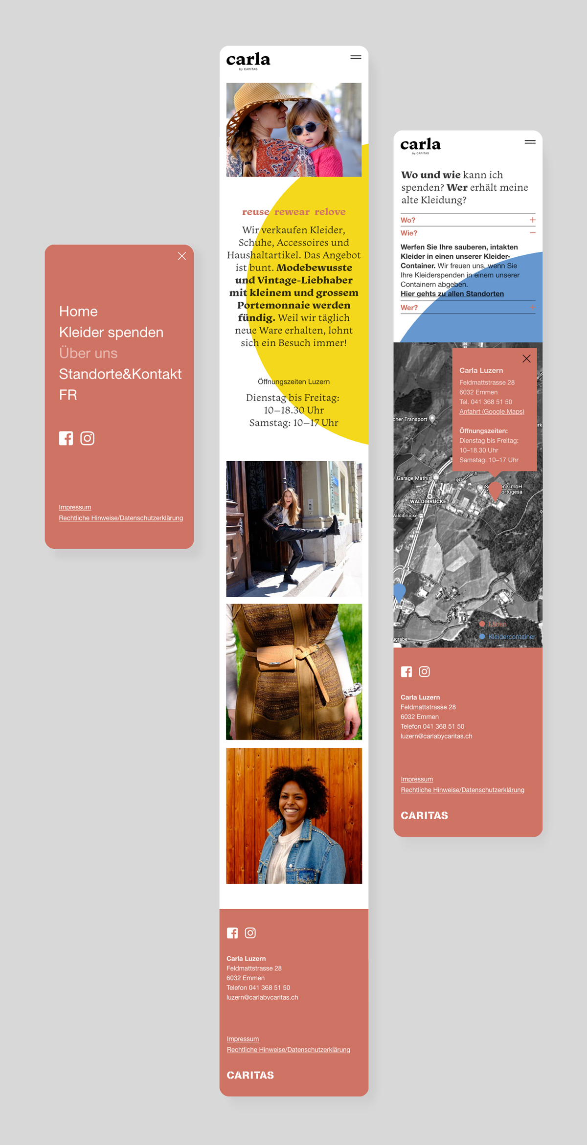 Mobile-Webseite von Carla by Caritas mit Informationen zu Kleidungsspenden und Öffnungszeiten