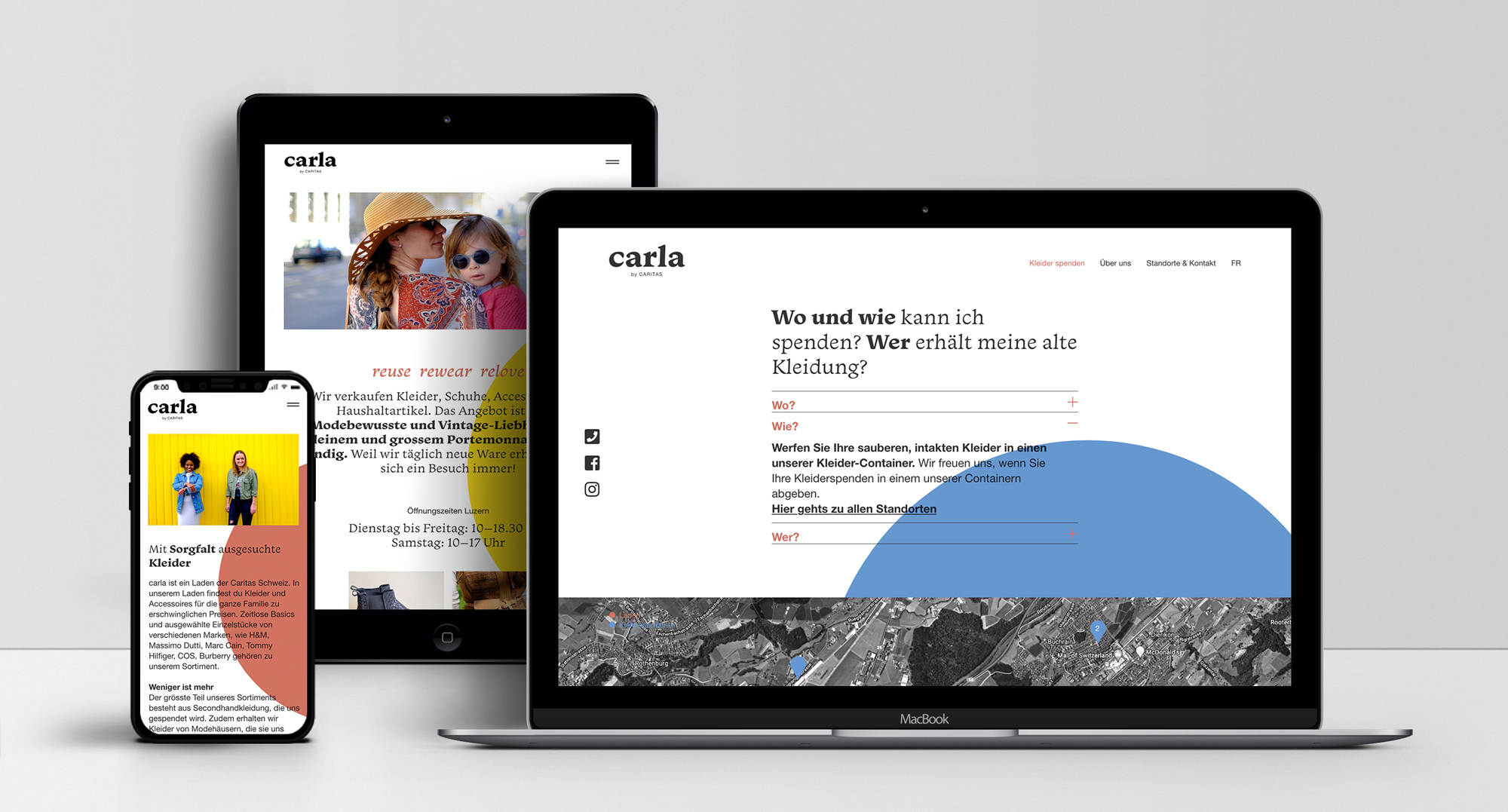 Website von "Carla by Caritas" auf verschiedenen Geräten.