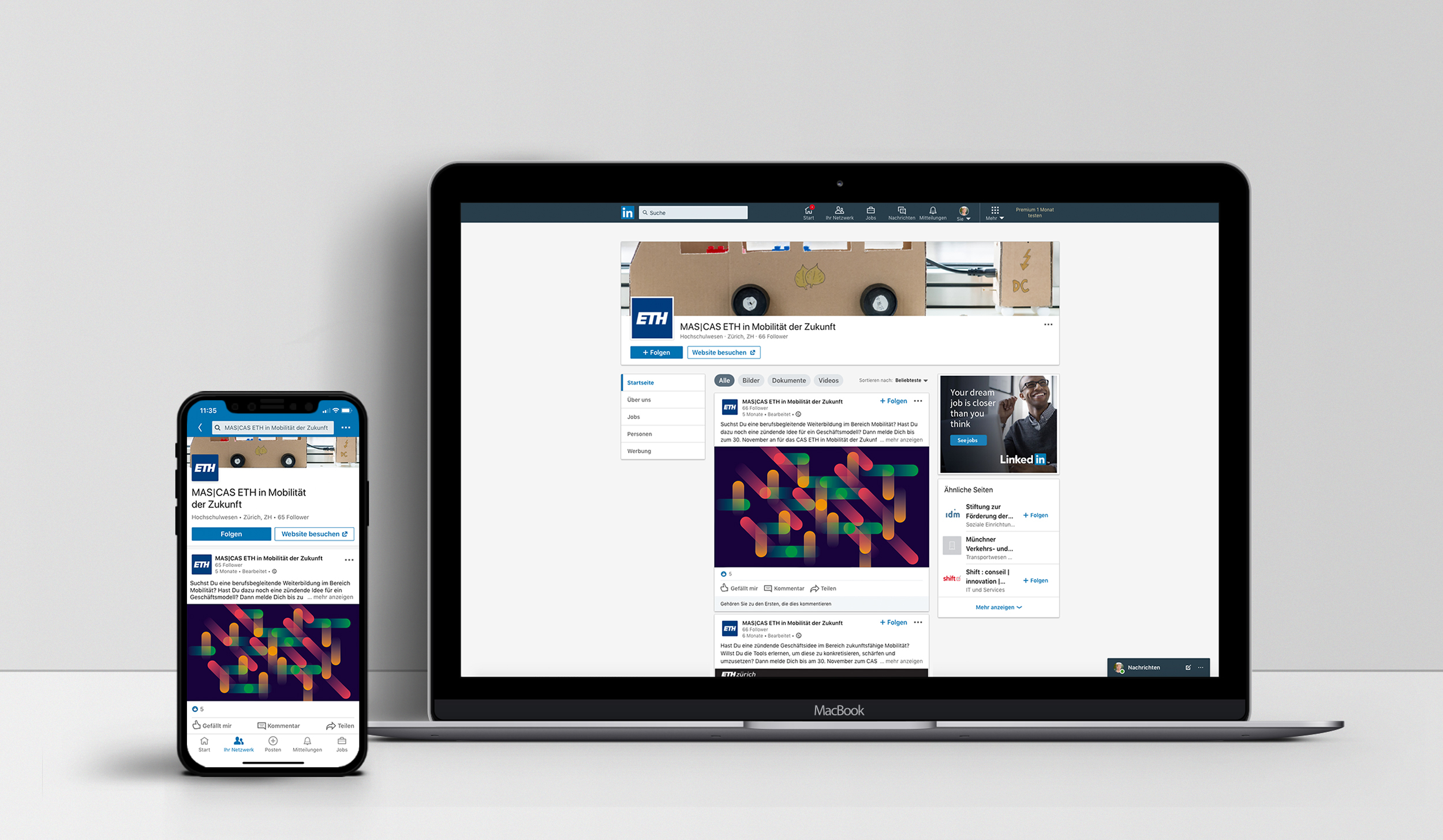 LinkedIn-Seite der ETH für den Studiengang Mobilität der Zukunft auf Smartphone und Laptop