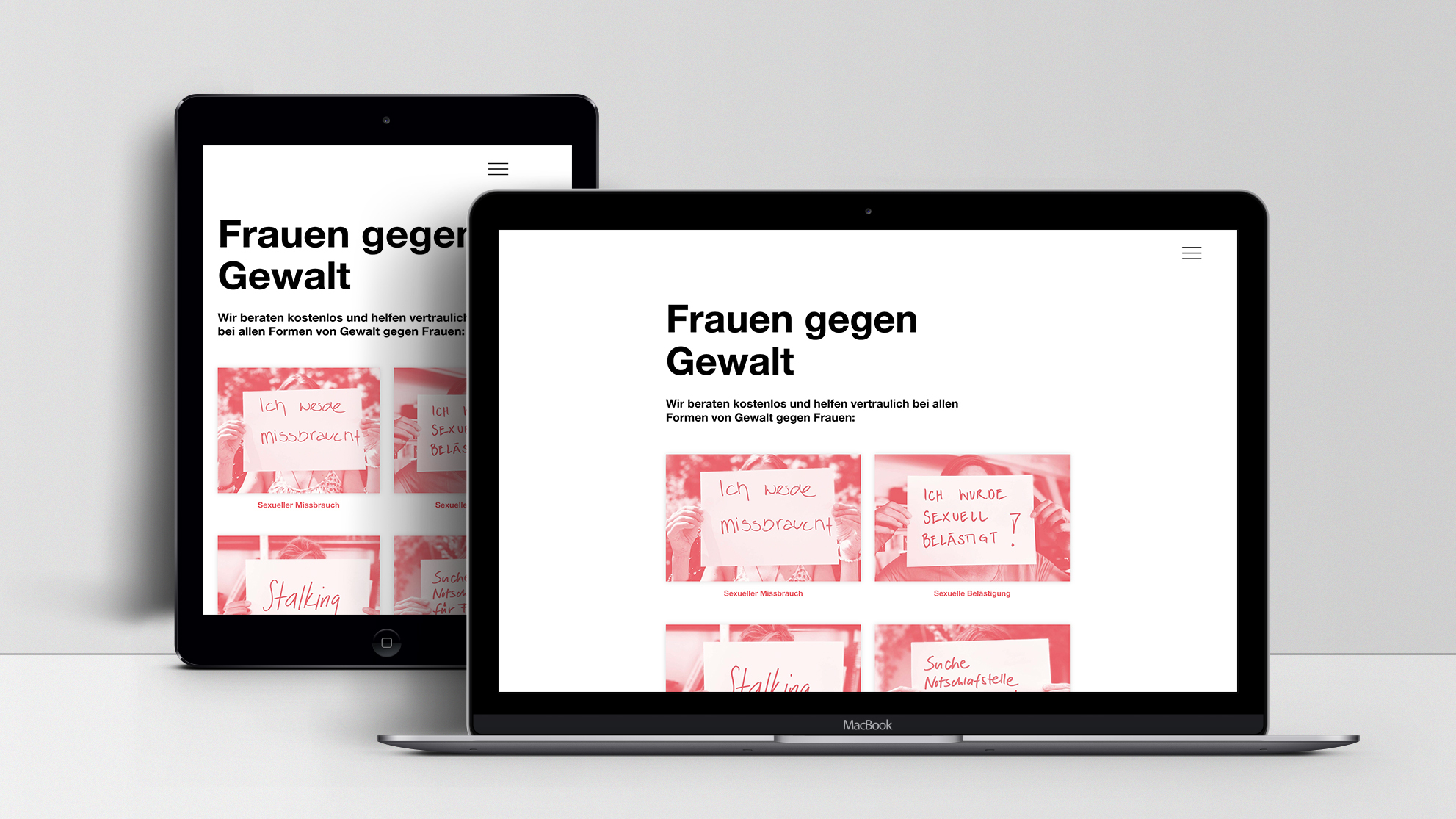 Webseite "Frauen gegen Gewalt" auf Desktop und Tablet.