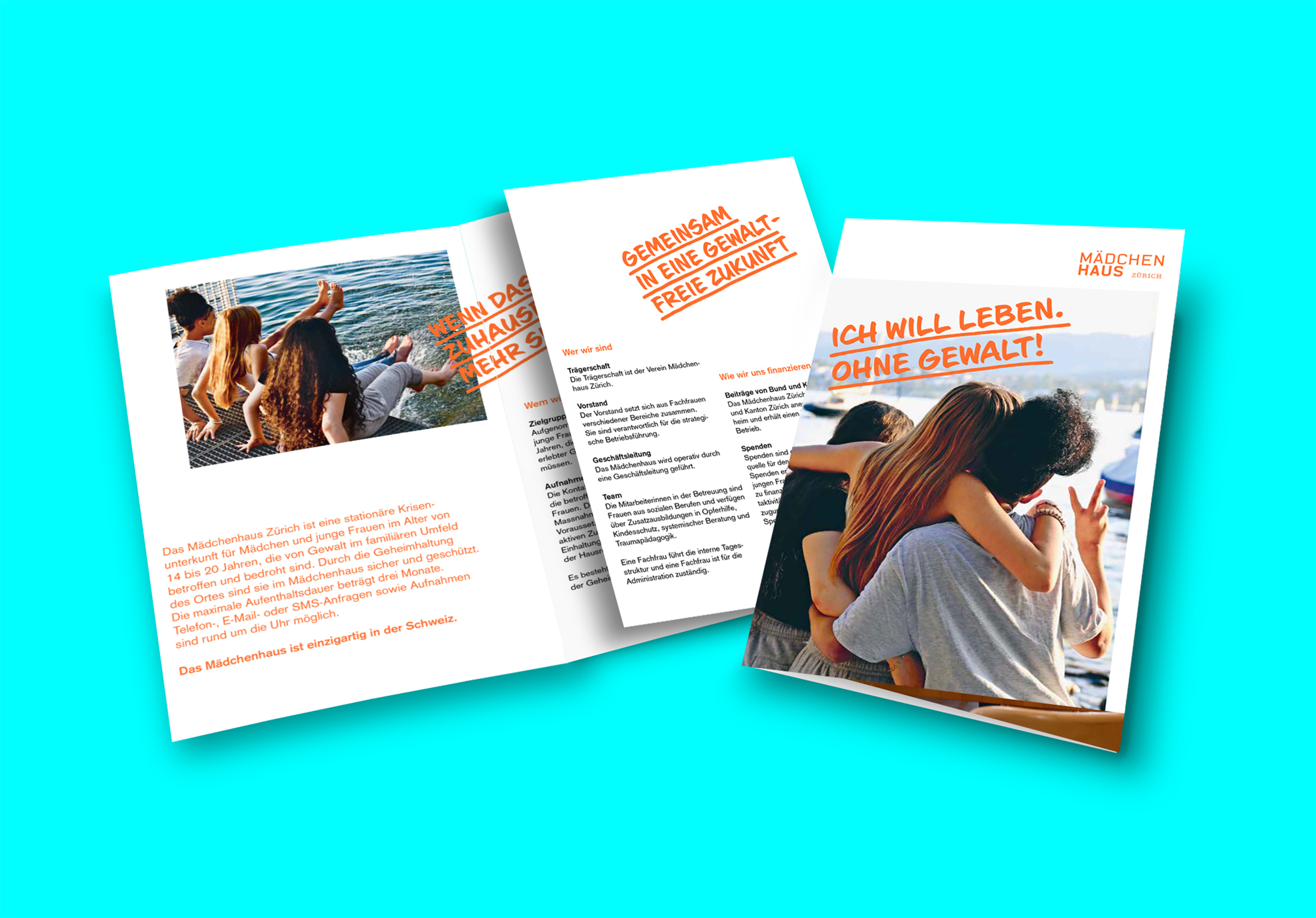 Flyer des Mädchenhauses Zürich mit dem Slogan "Ich will leben. Ohne Gewalt!“