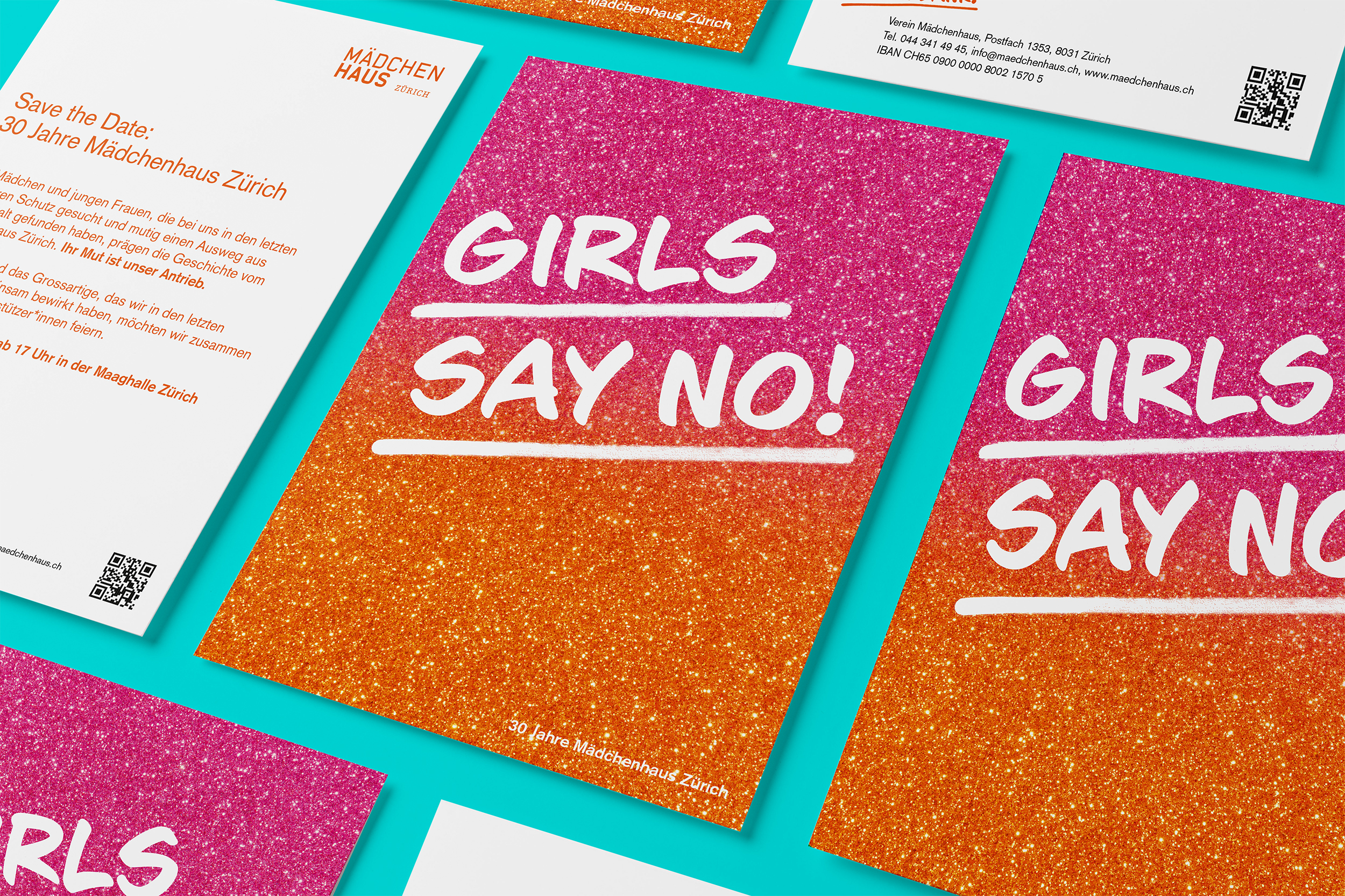 Einladung zum 30-jährigen Jubiläum des Mädchenhauses Zürich mit dem Slogan "Girls Say No!“