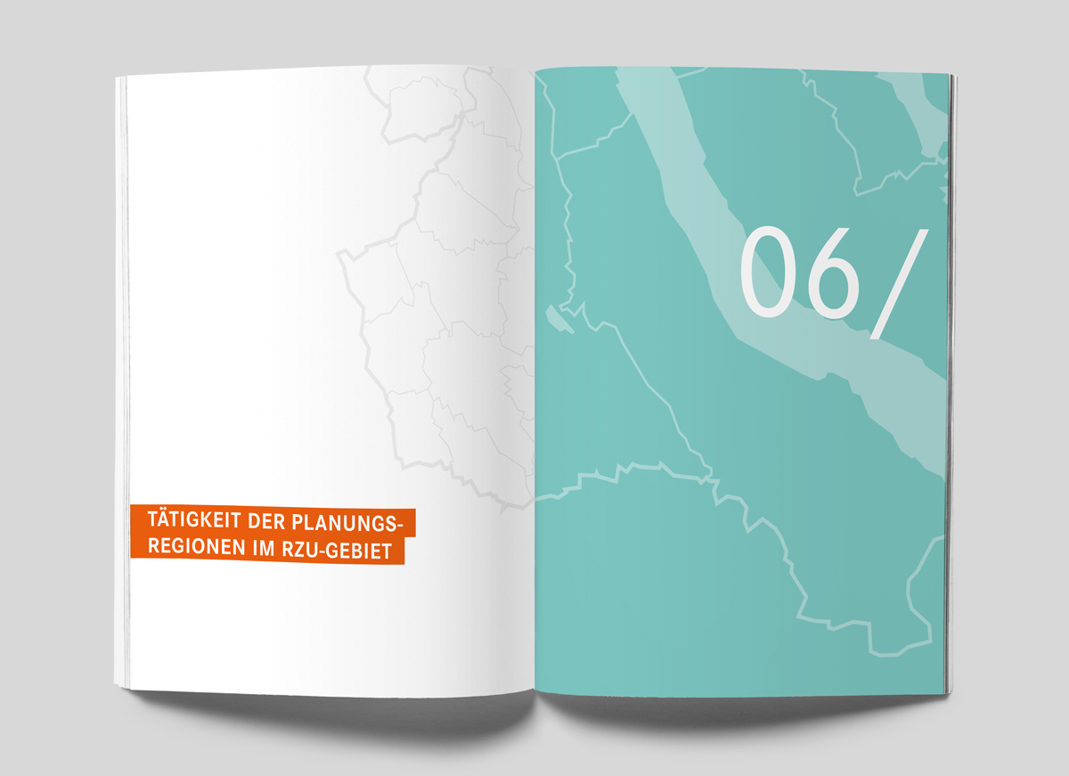 Kapitelübersicht „Tätigkeit der Planungsregionen im RZU-Gebiet“ mit Karte in Türkis aus dem RZU-Jahresbericht 2019.