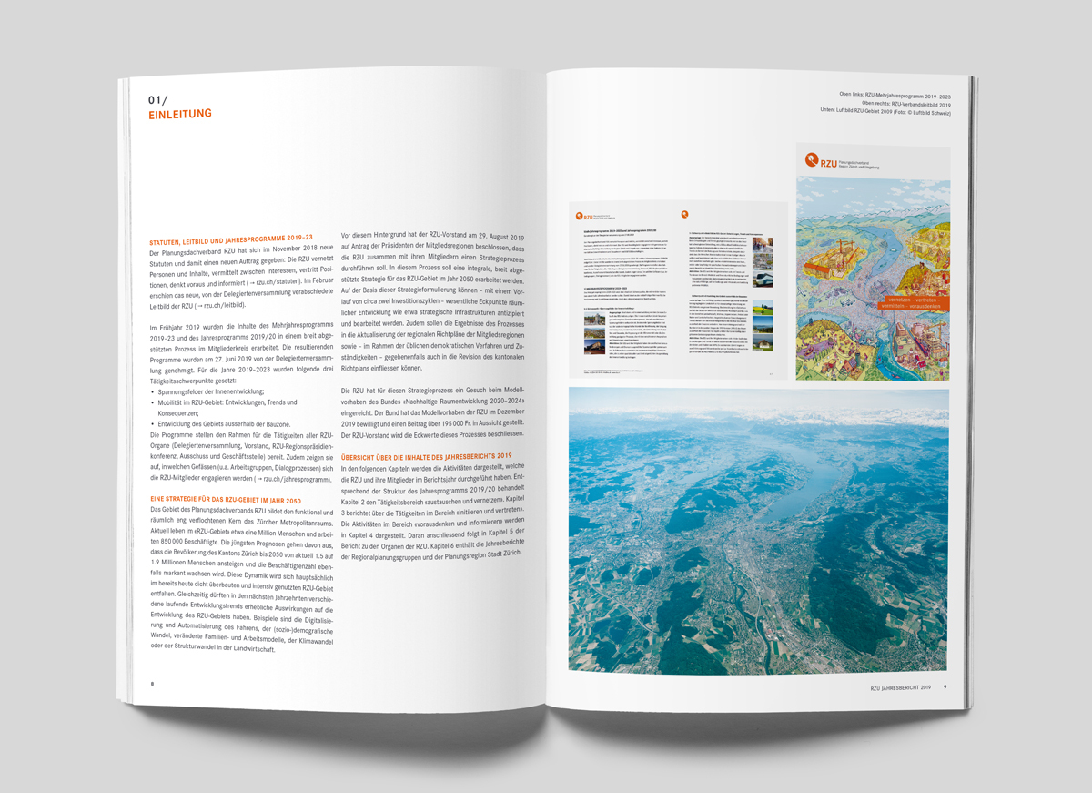 Doppelseite aus dem RZU-Jahresbericht 2019 mit Einleitungstext und Karten.