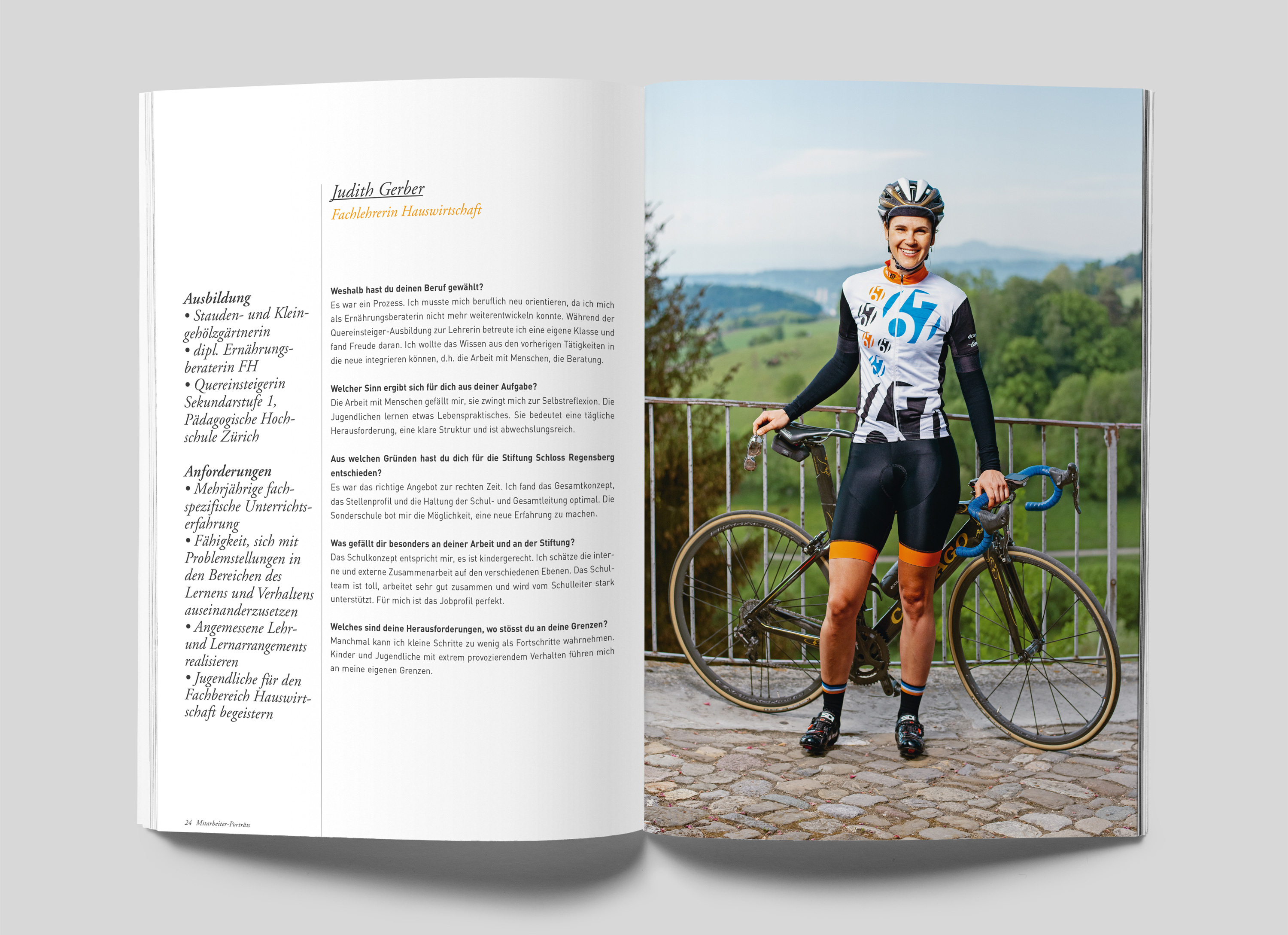 Porträt von Judith Gerber mit Fahrrad in einem Magazin