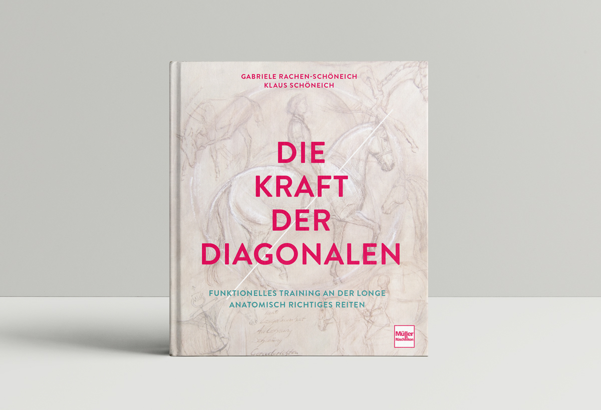 Buchcover mit dem Titel "Die Kraft der Diagonalen" von Gabriele Rachen-Schöneich und Klaus Schöneich, illustriert mit skizzierten Pferdezeichnungen im Hintergrund.