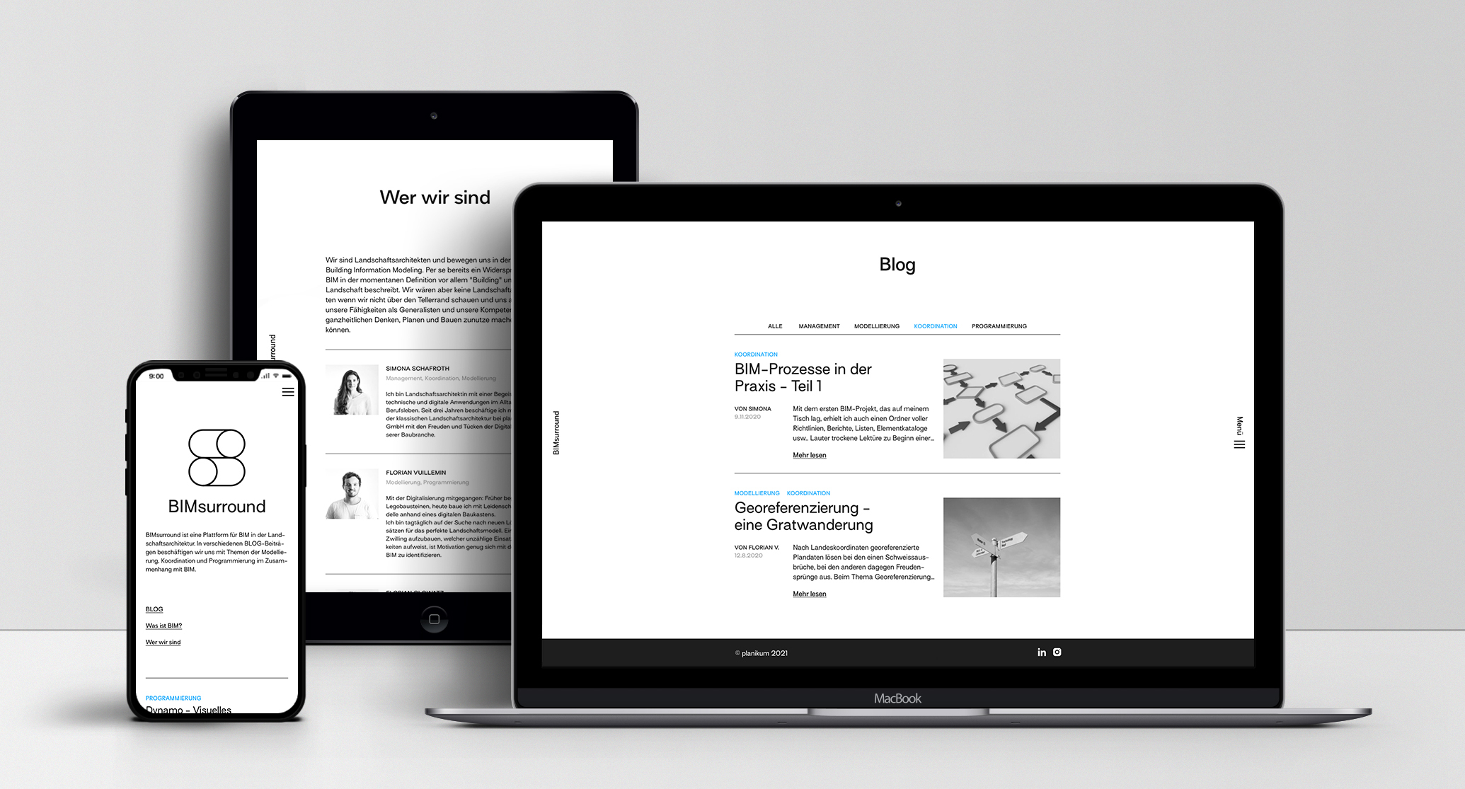 Website von BIMsurround auf Smartphone, Tablet und Laptop mit Blog- und Über-uns-Ansichten