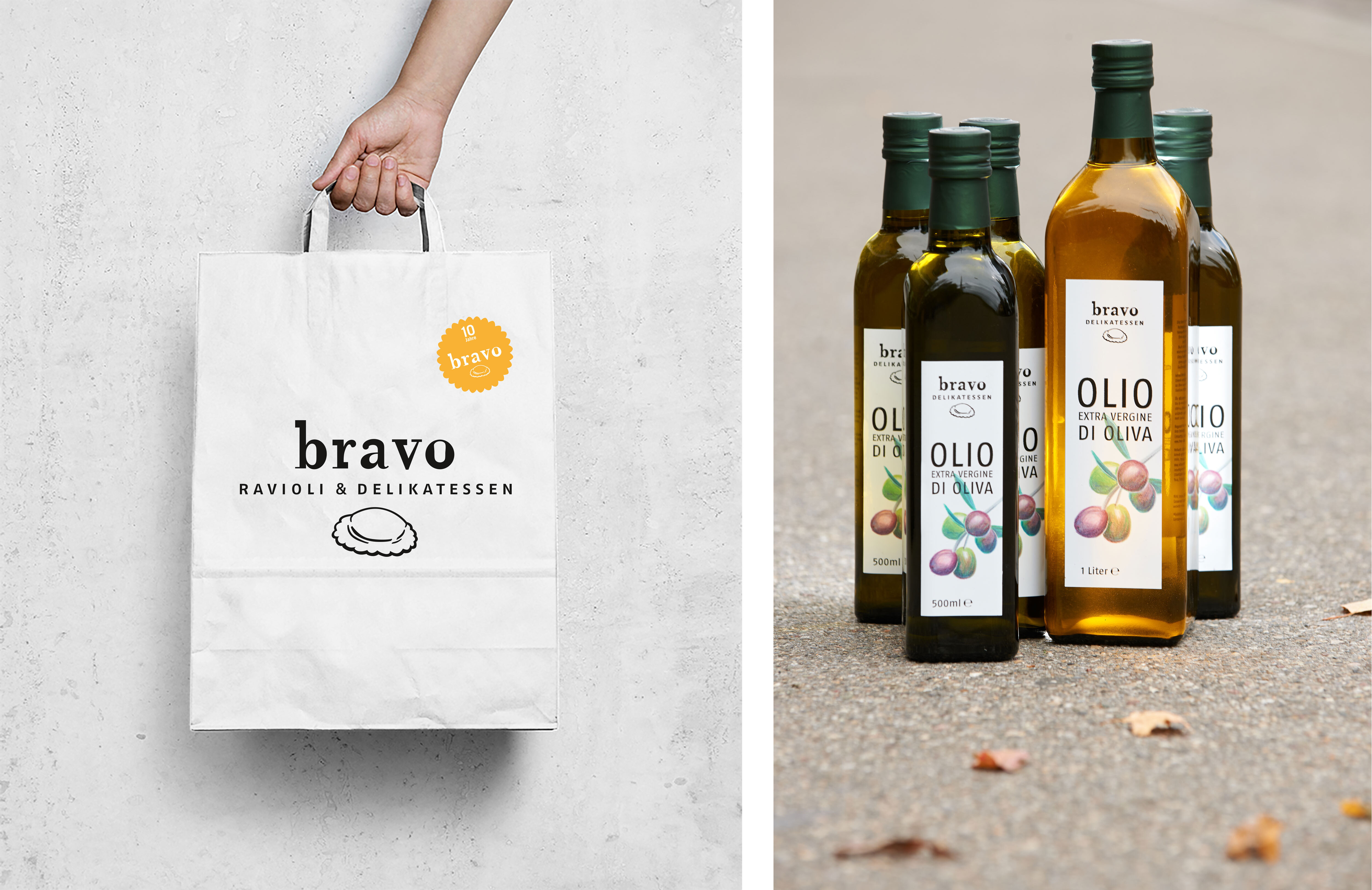 Bravo Ravioli & Delikatessen - Papiertasche und Olivenölflaschen