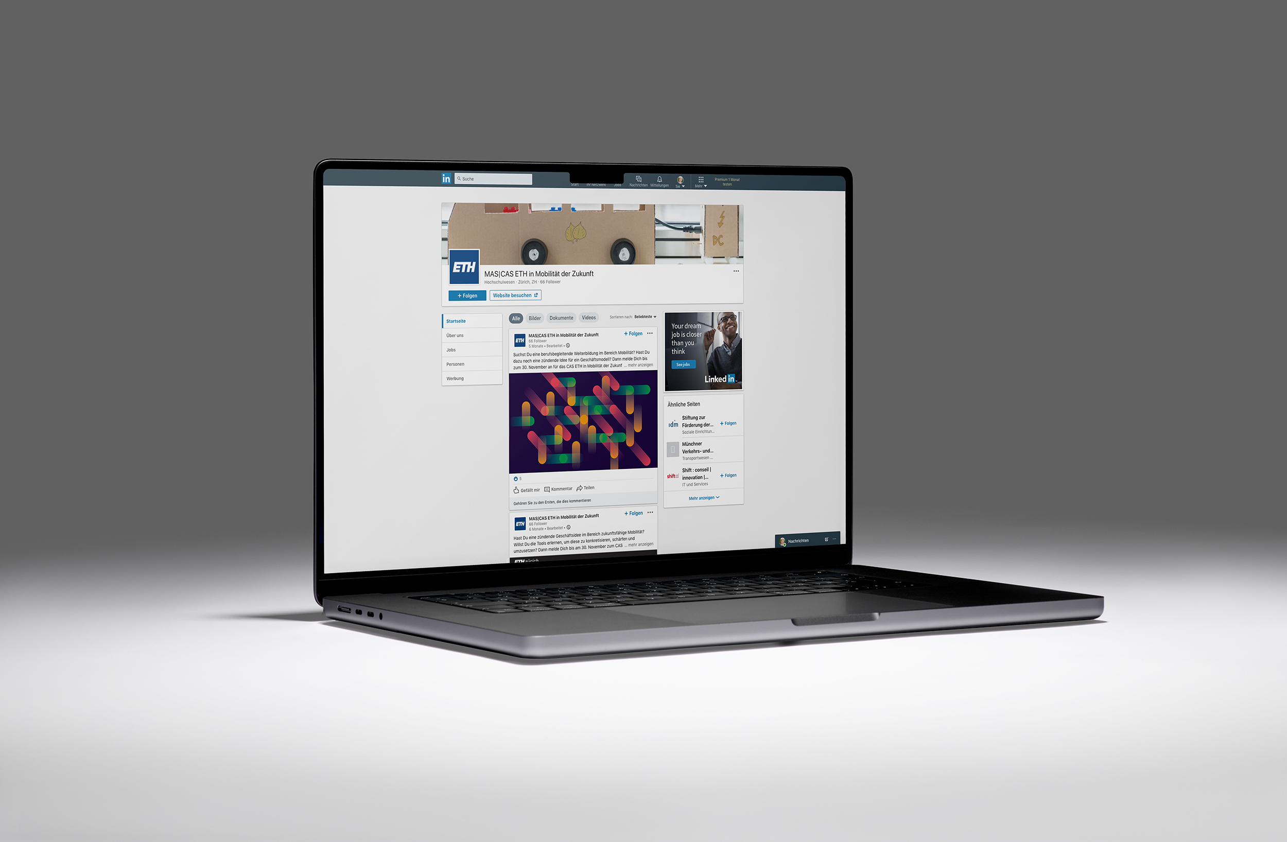 LinkedIn-Seite der ETH für den Studiengang Mobilität der Zukunft auf Laptop Desktop Screen