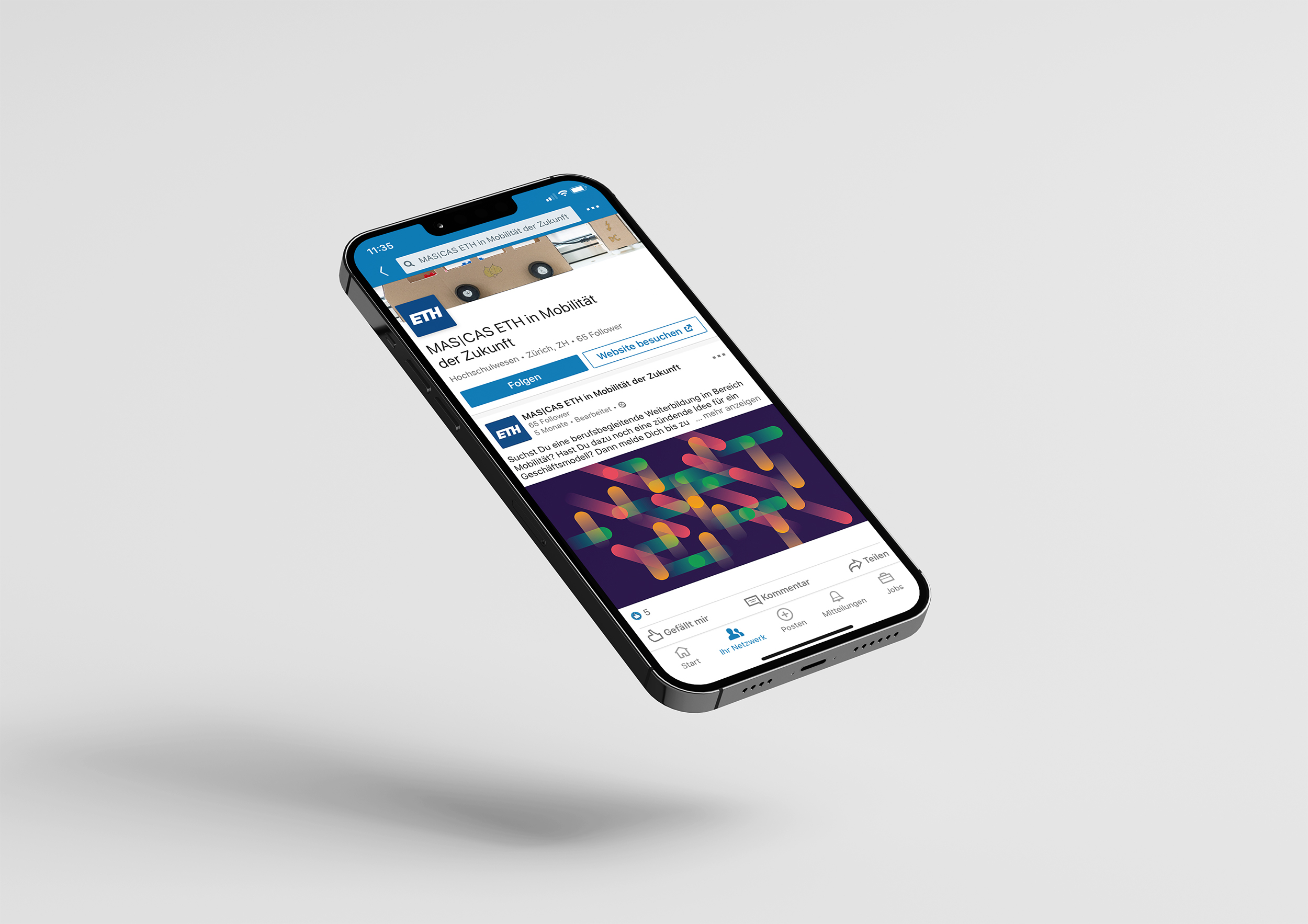 LinkedIn-Seite der ETH für den Studiengang Mobilität der Zukunft auf Smartphone Mobile Screen