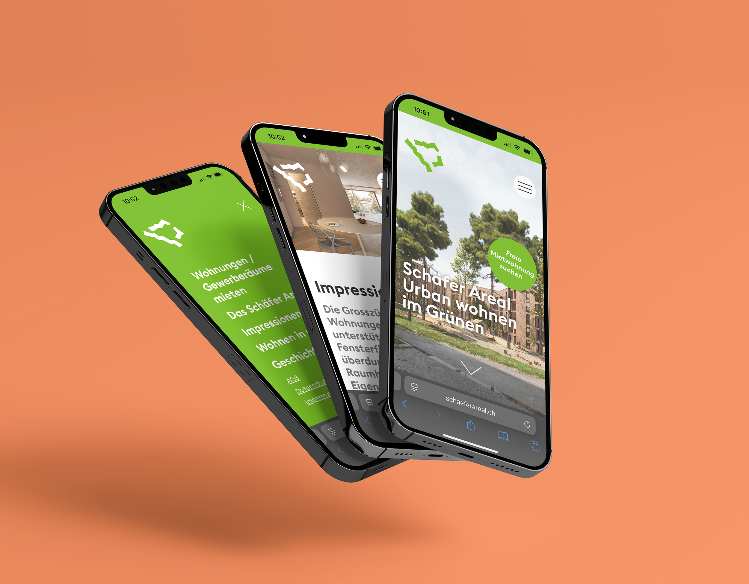 Schäfer Areal Website auf Mobile Screens mit dem Slogan "Urban wohnen im Grünen“
