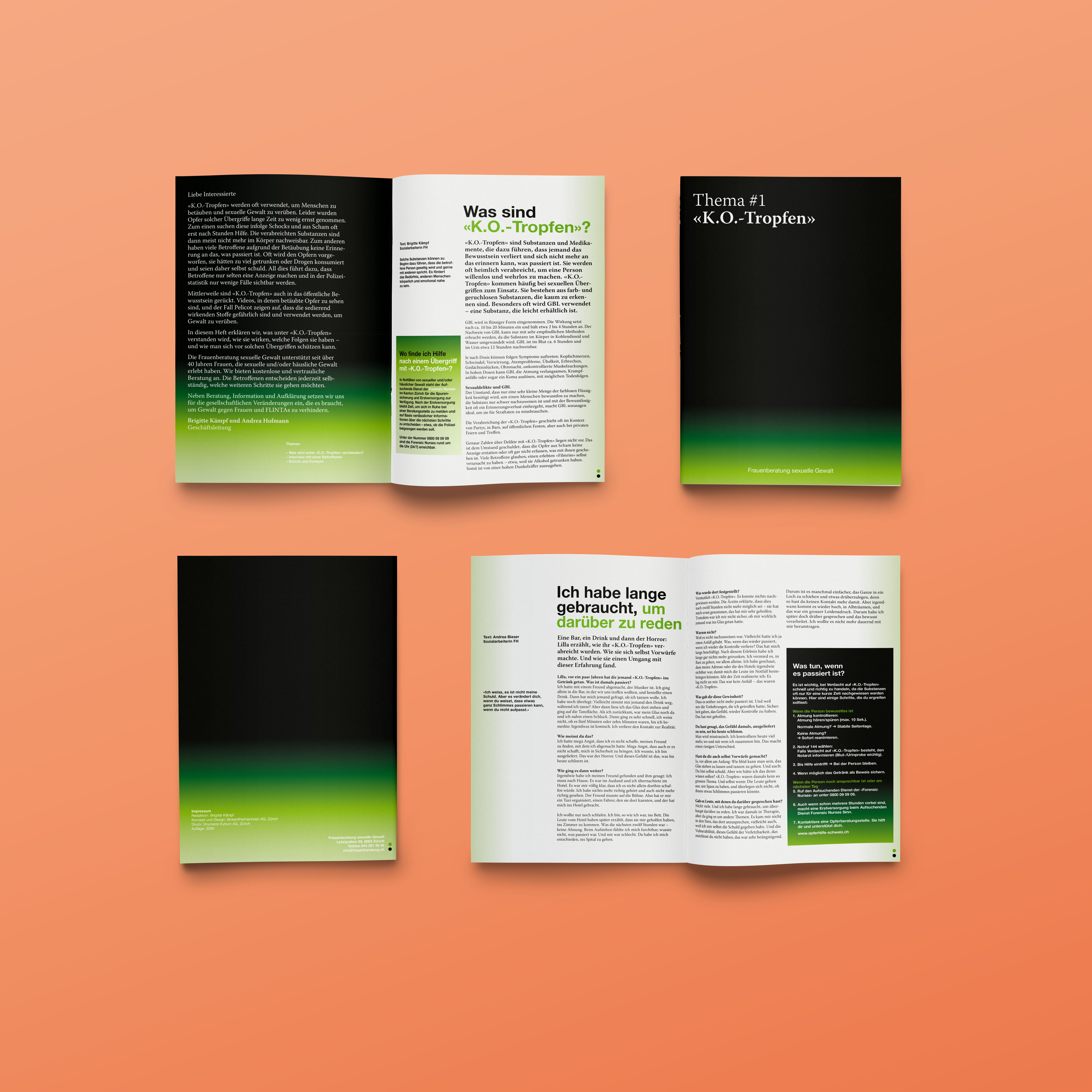Mehrere Ansichten der Broschüre zum Thema «K.O.-Tropfen» der Frauenberatung sexuelle Gewalt Zürich auf orangem Hintergrund.
