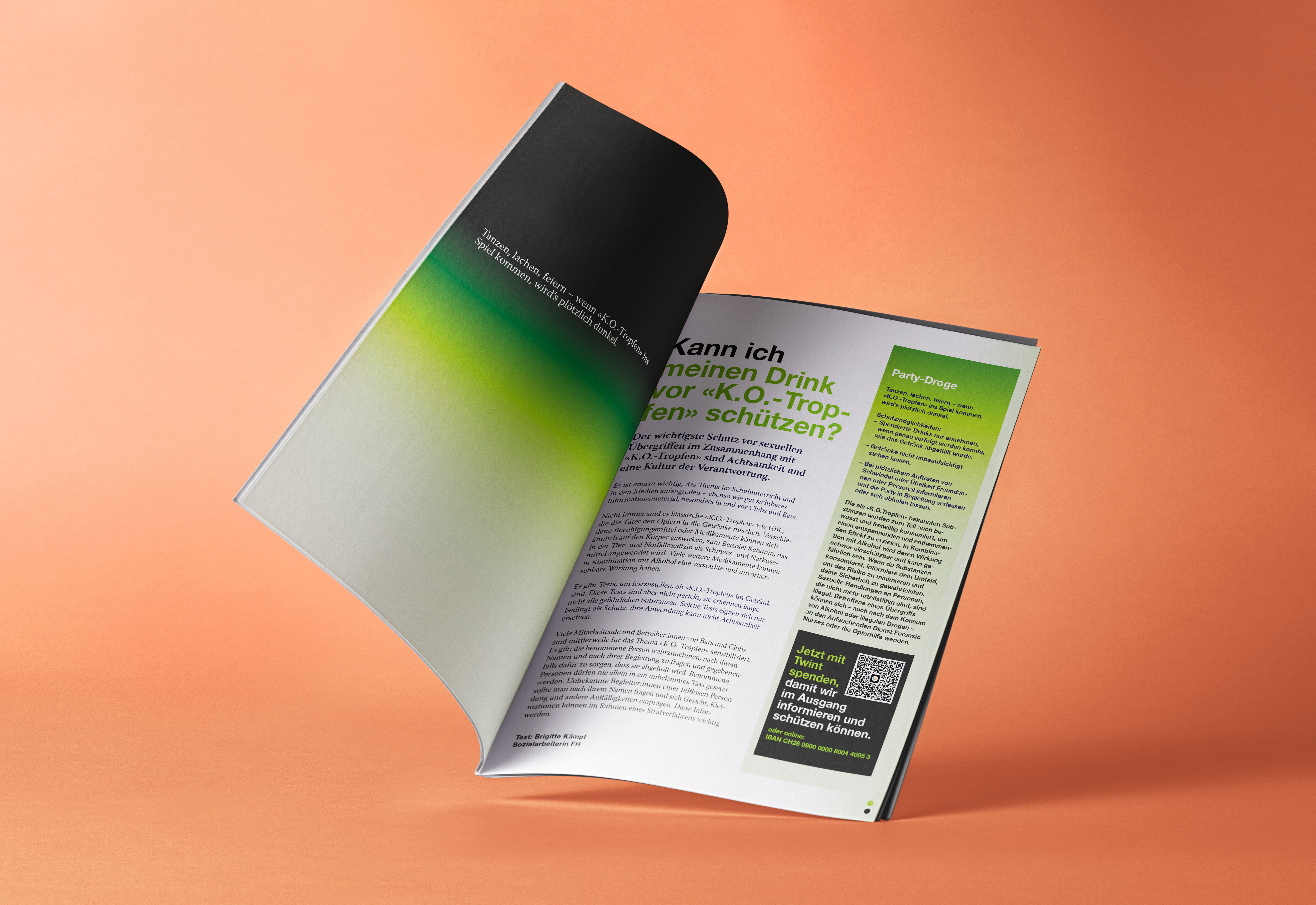 Innenseite einer Broschüre der Frauenberatung sexuelle Gewalt Zürich zum Thema K.O.-Tropfen