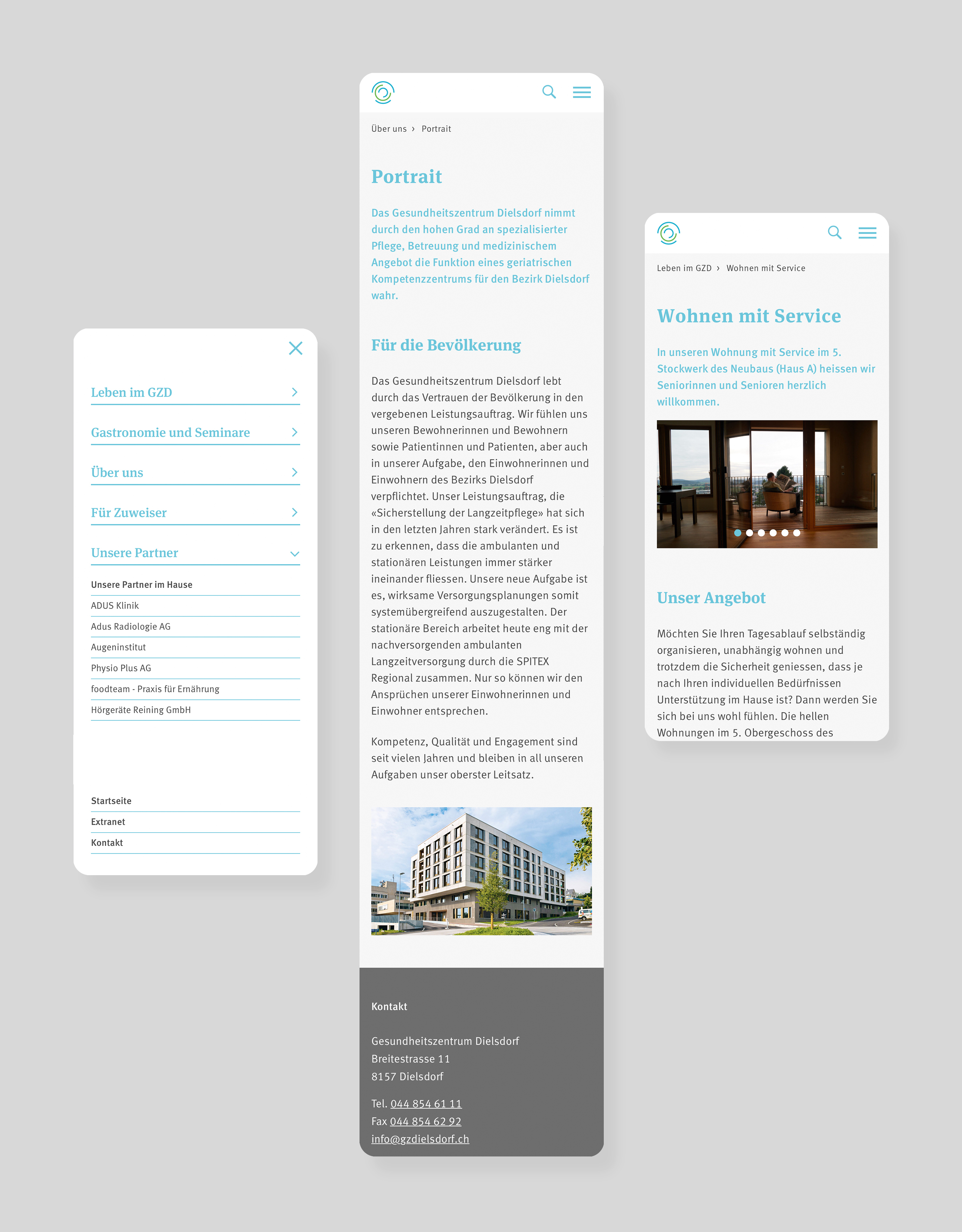 Mobile Webseitenansichten des Gesundheitszentrums Dielsdorf