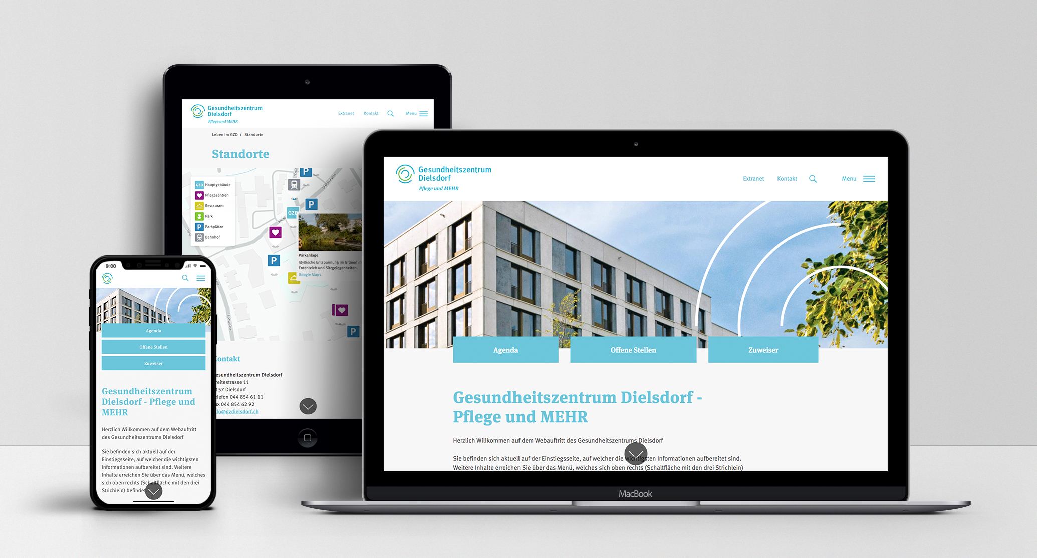 Webseitenansichten des Gesundheitszentrums Dielsdorf