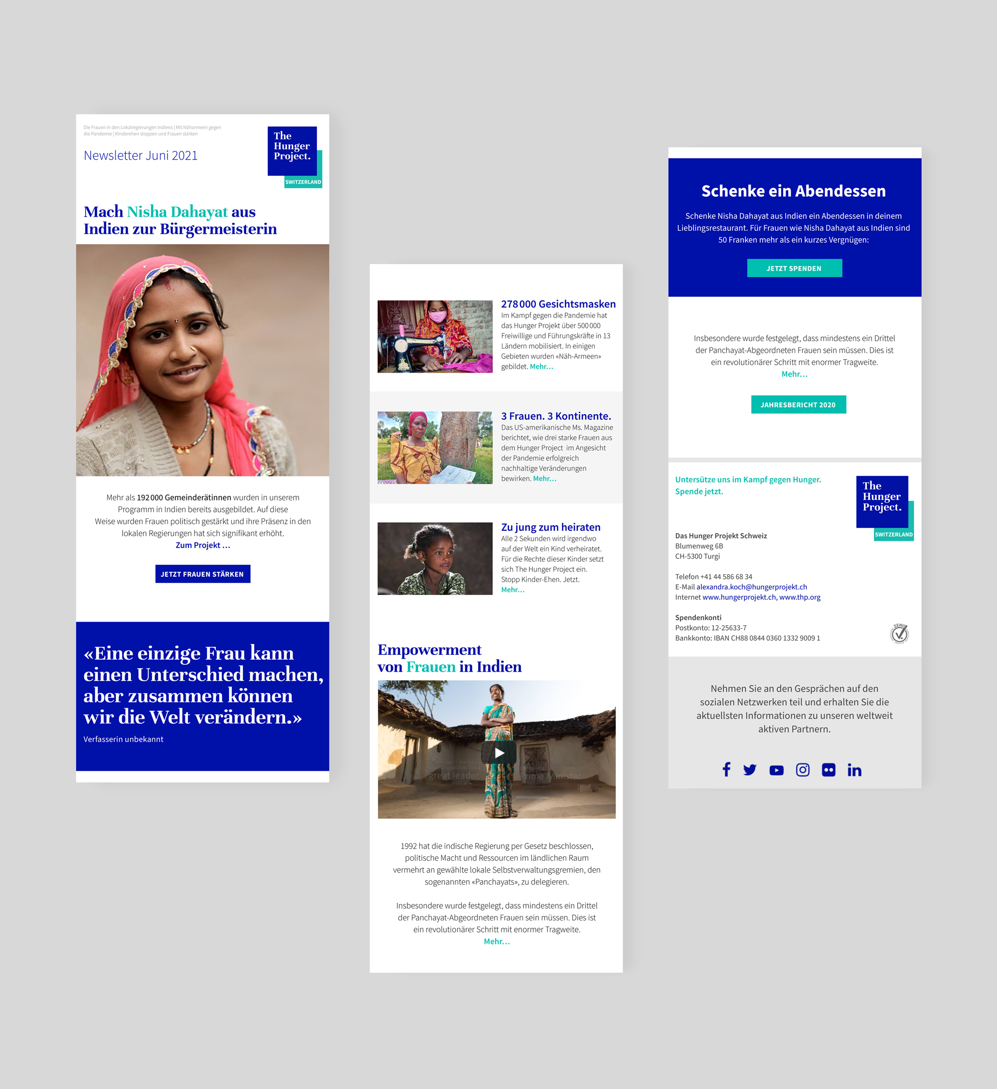 Newsletter-Design für The Hunger Project Schweiz mit Fokus auf Frauen-Empowerment in Indien