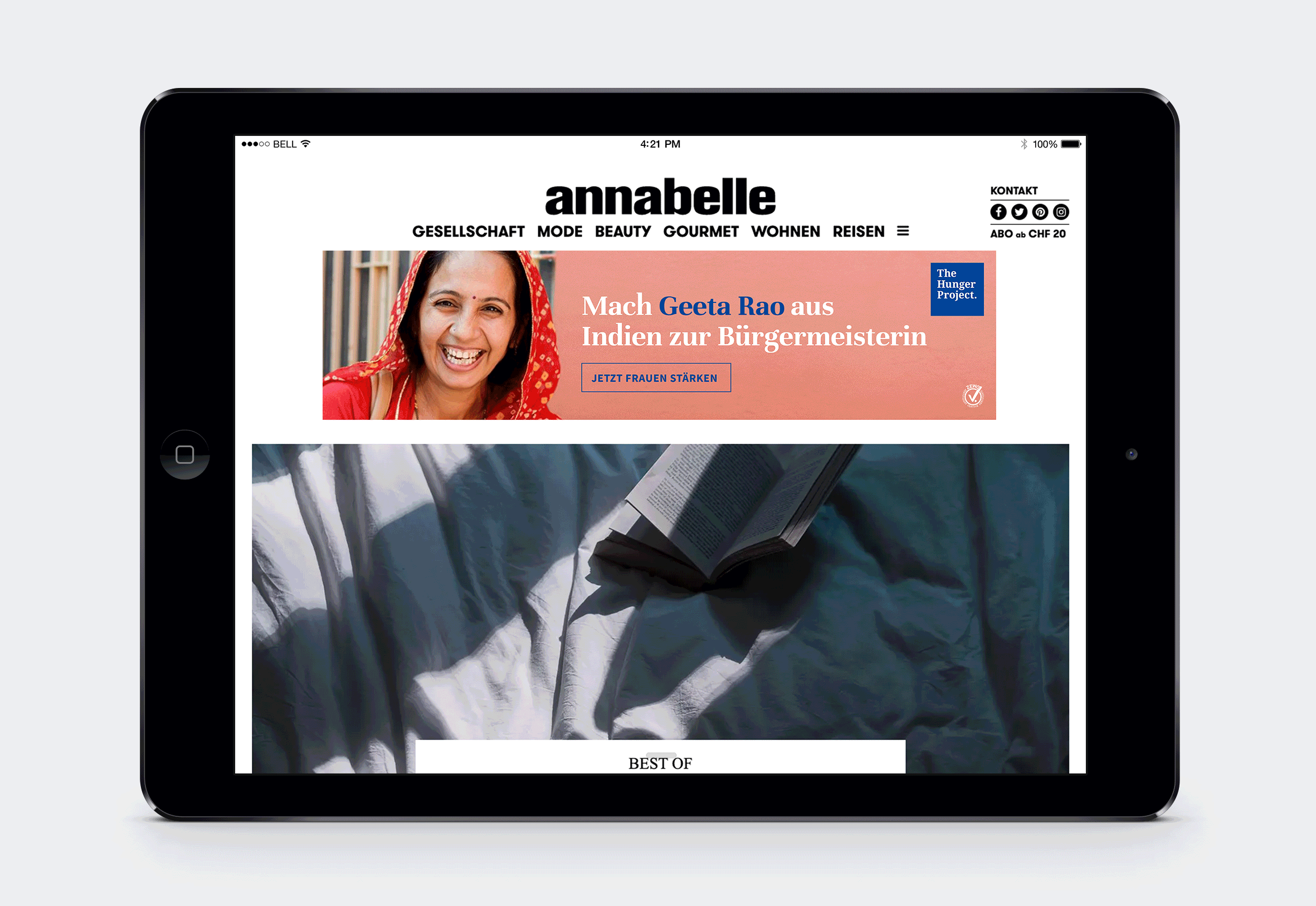 Werbeanzeige des Hunger Projects auf der Website von Annabelle.