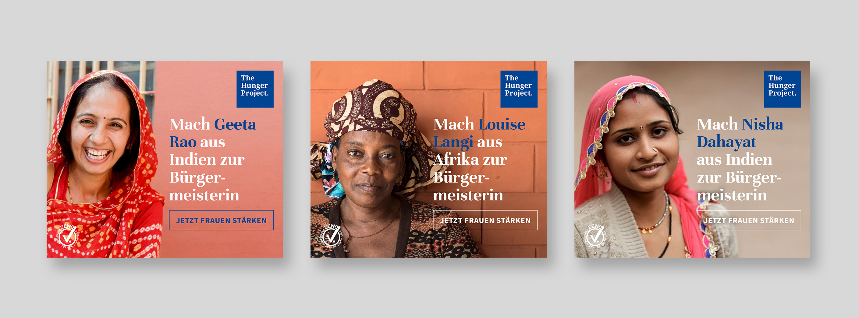 Bannerkampagne des Hunger Projects mit Porträts von Frauen, die zu Bürgermeisterinnen gewählt werden sollen.