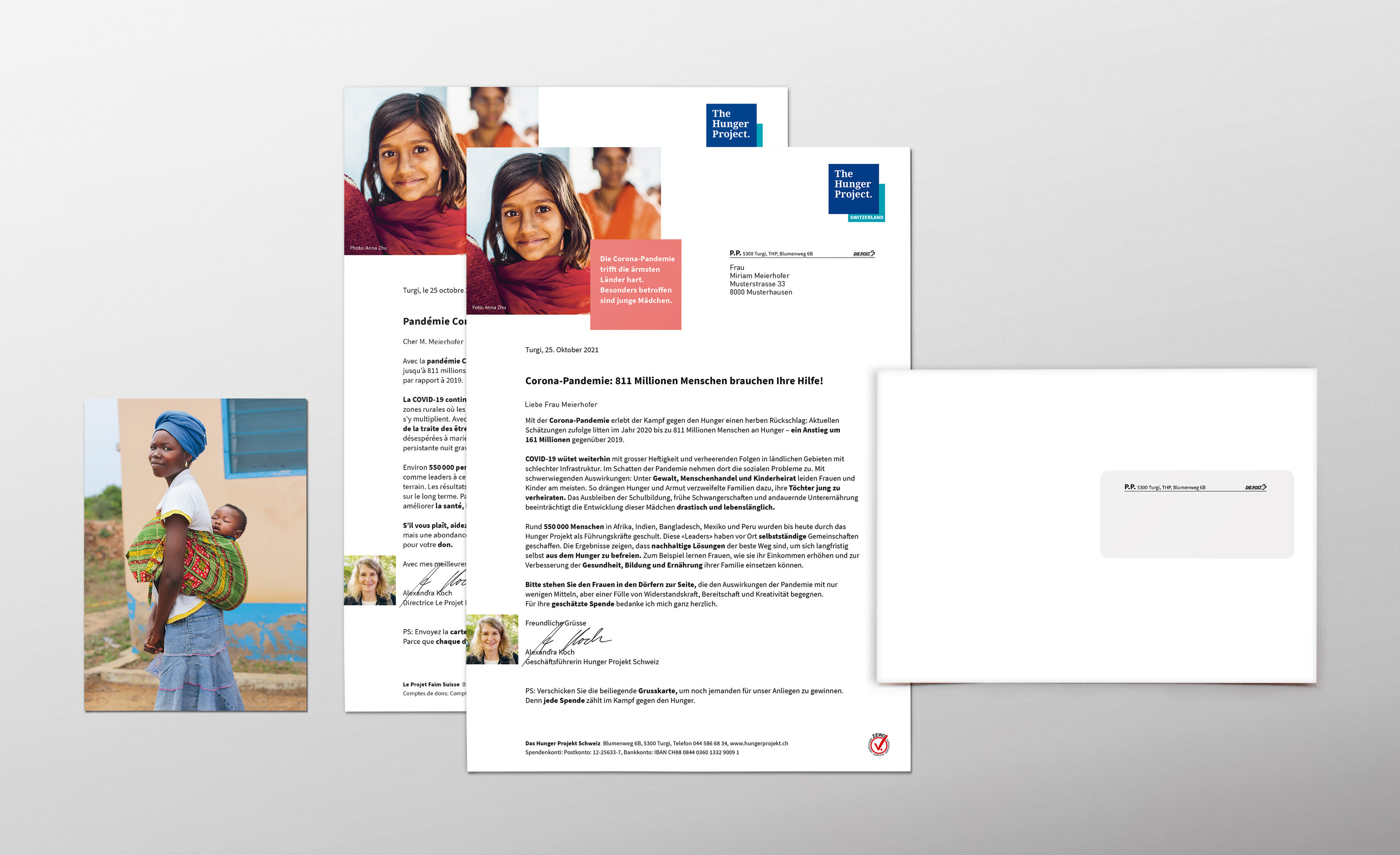 Spendenbrief von The Hunger Project Schweiz mit Bildern von Frauen und Mädchen.