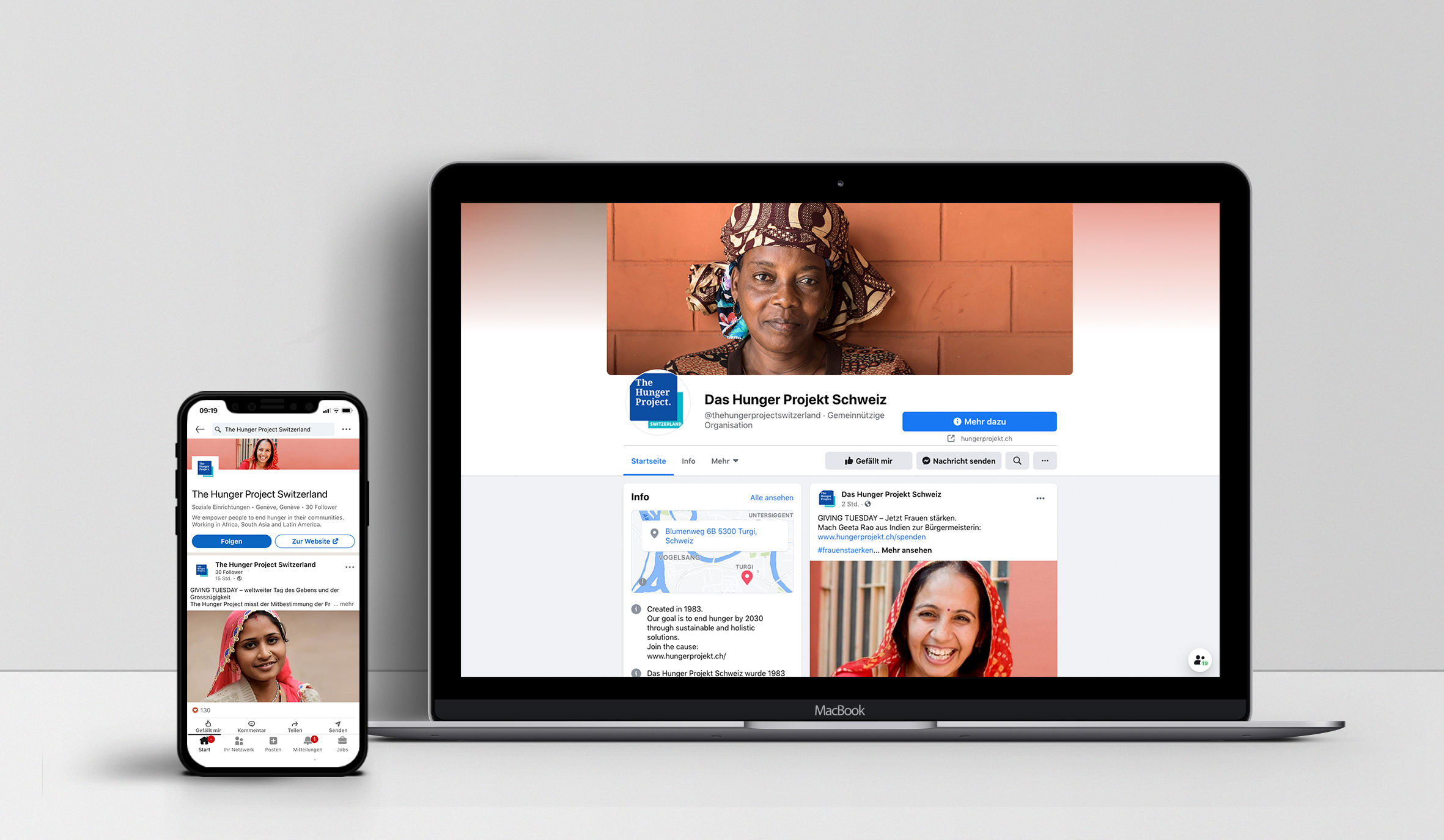 LinkedIn- und Facebook-Seite von The Hunger Project Schweiz auf Smartphone und Laptop