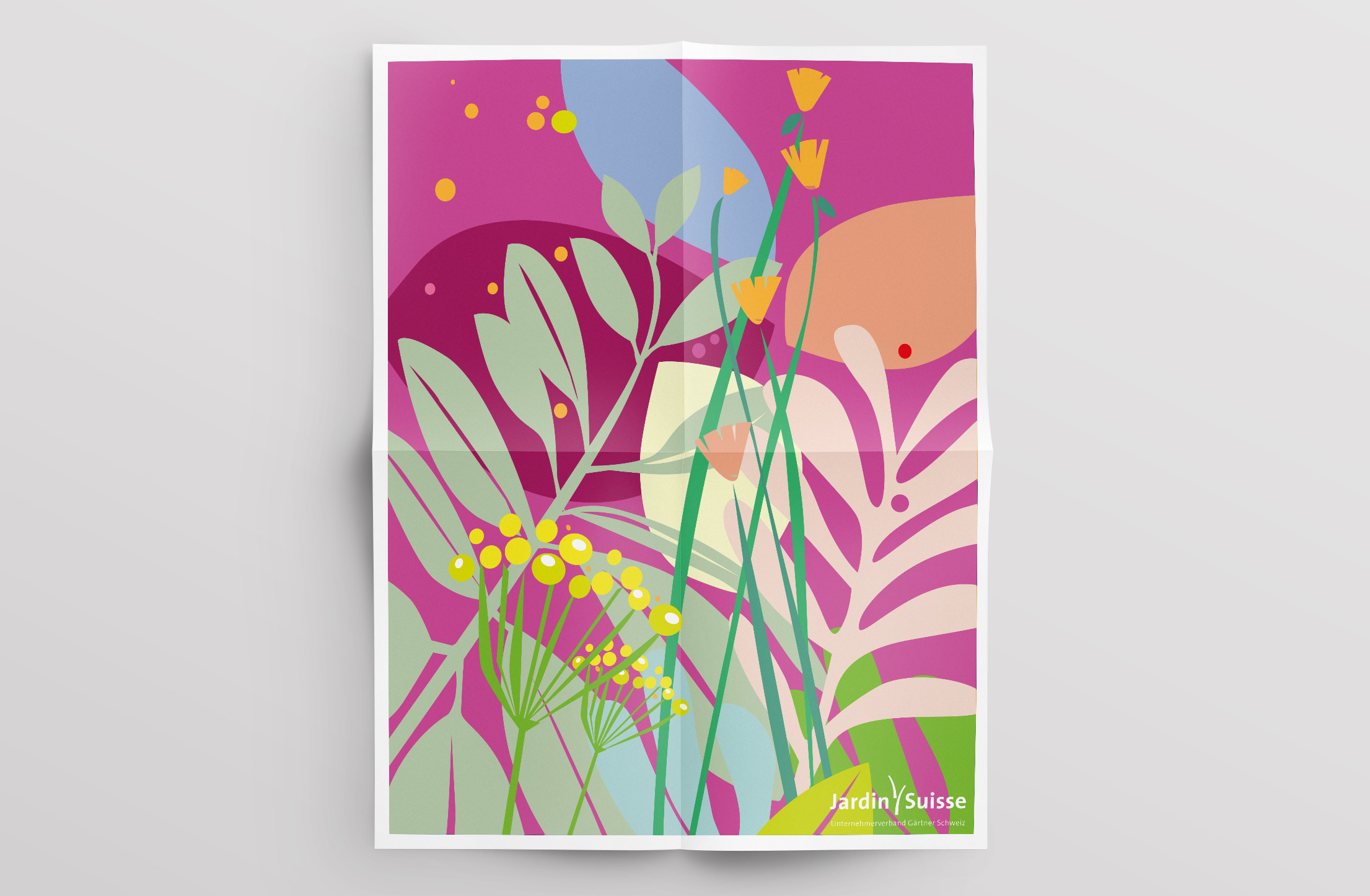 Buntes Poster mit floraler Illustration und JardinSuisse-Logo