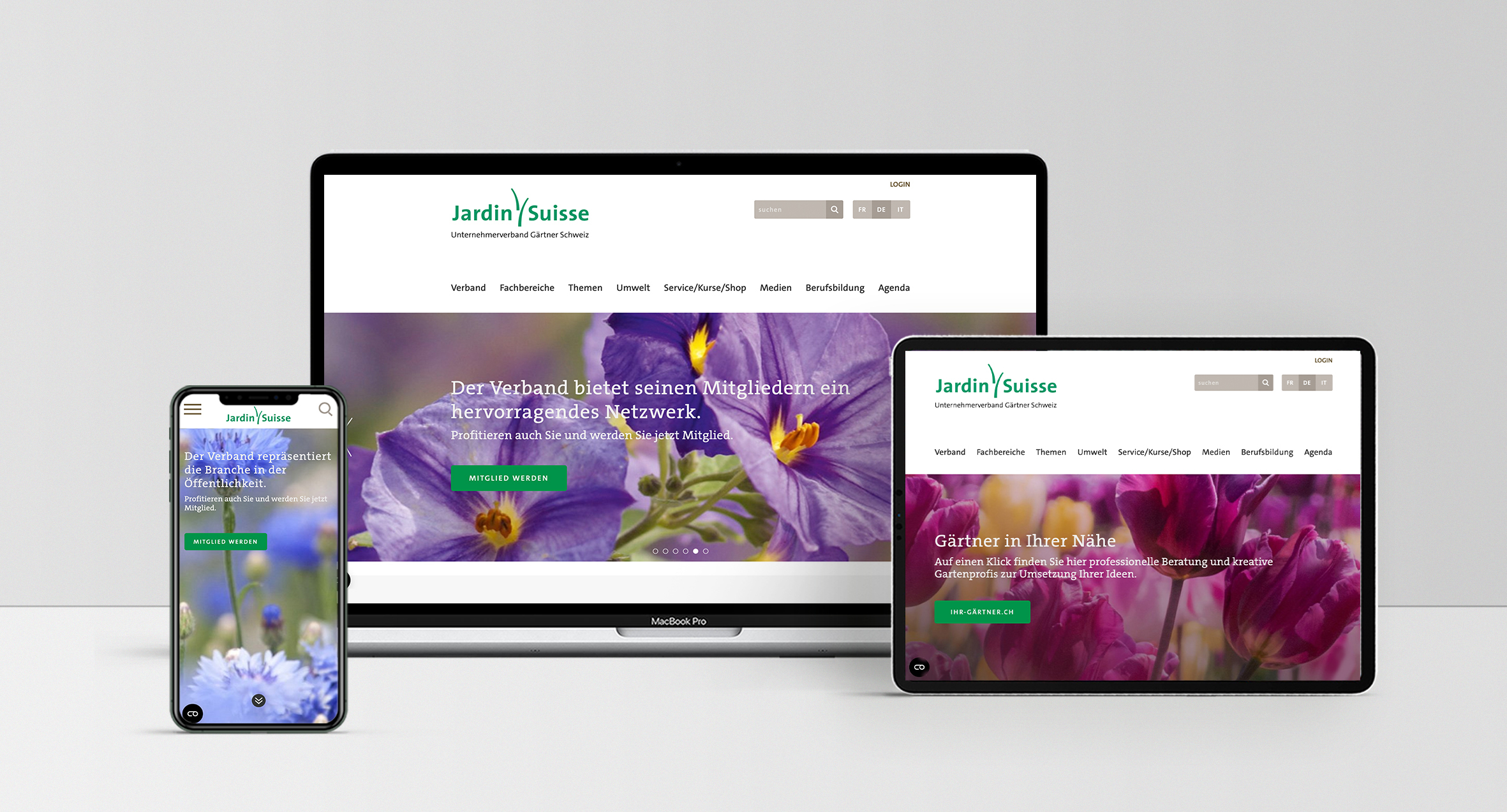 Jardin Suisse Webseite auf Smartphone, Laptop und Tablet