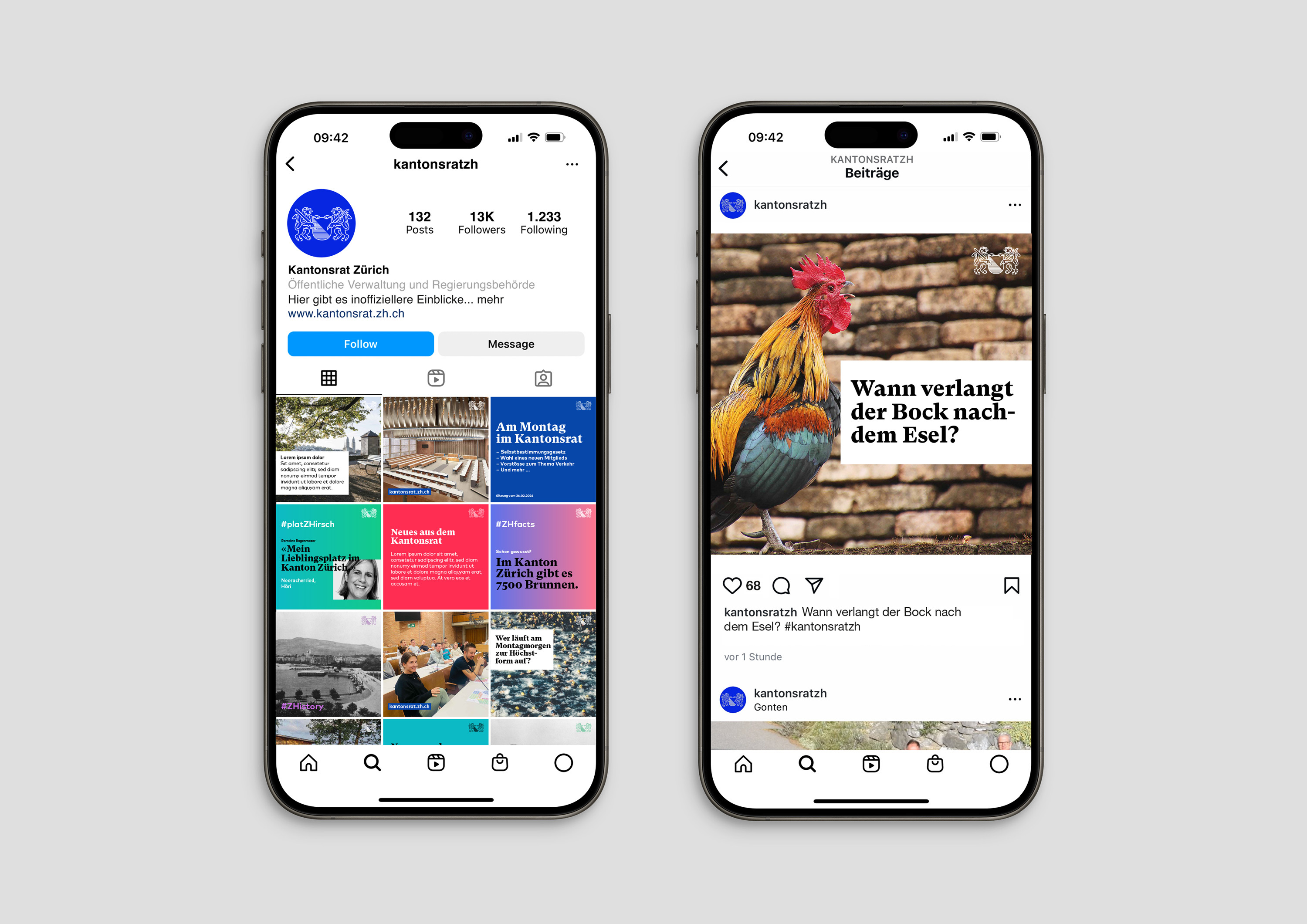Instagram-Seite des Kantonsrats Zürich auf zwei Smartphone-Displays