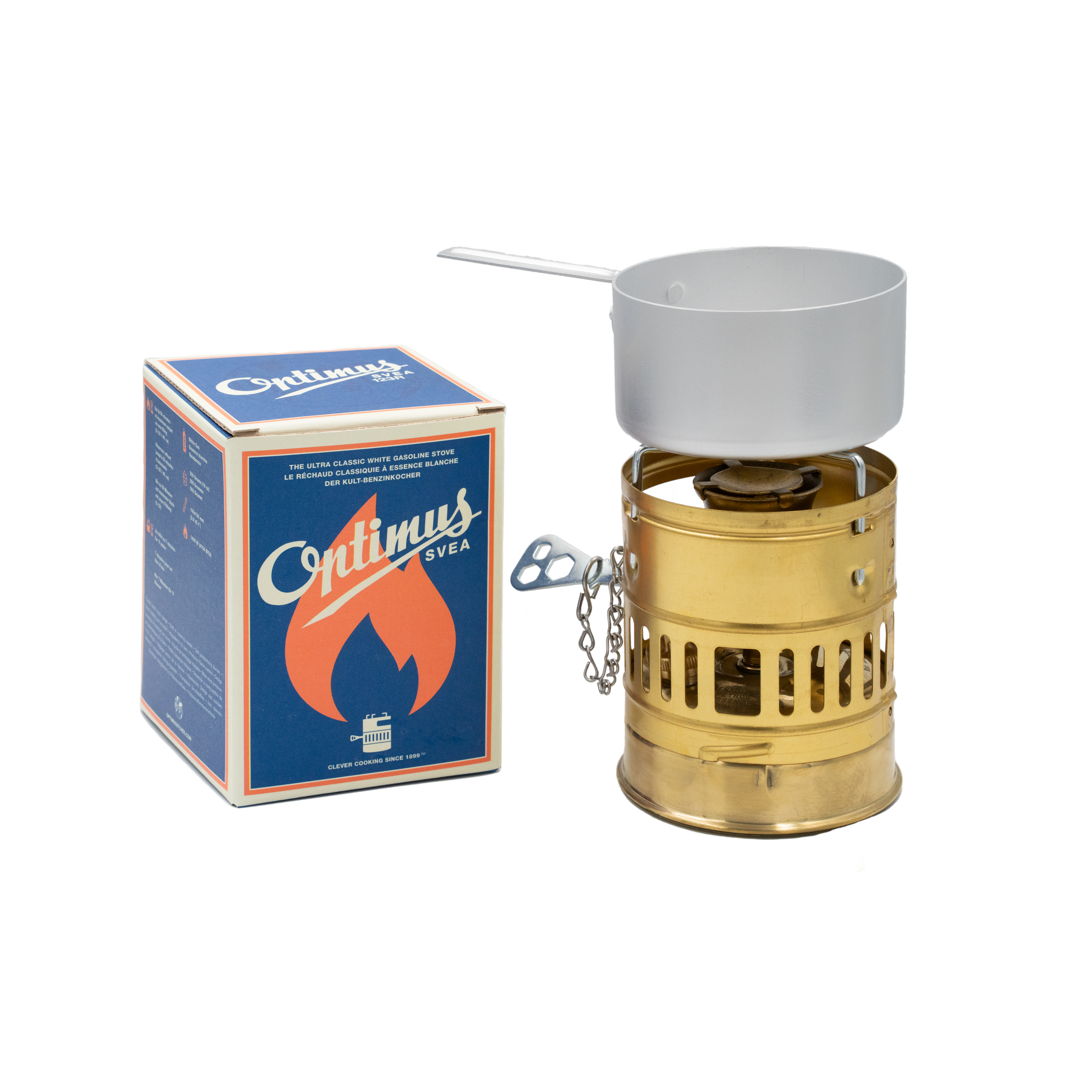 Optimus Svea Benzinkocher mit Verpackung und Topfaufsatz