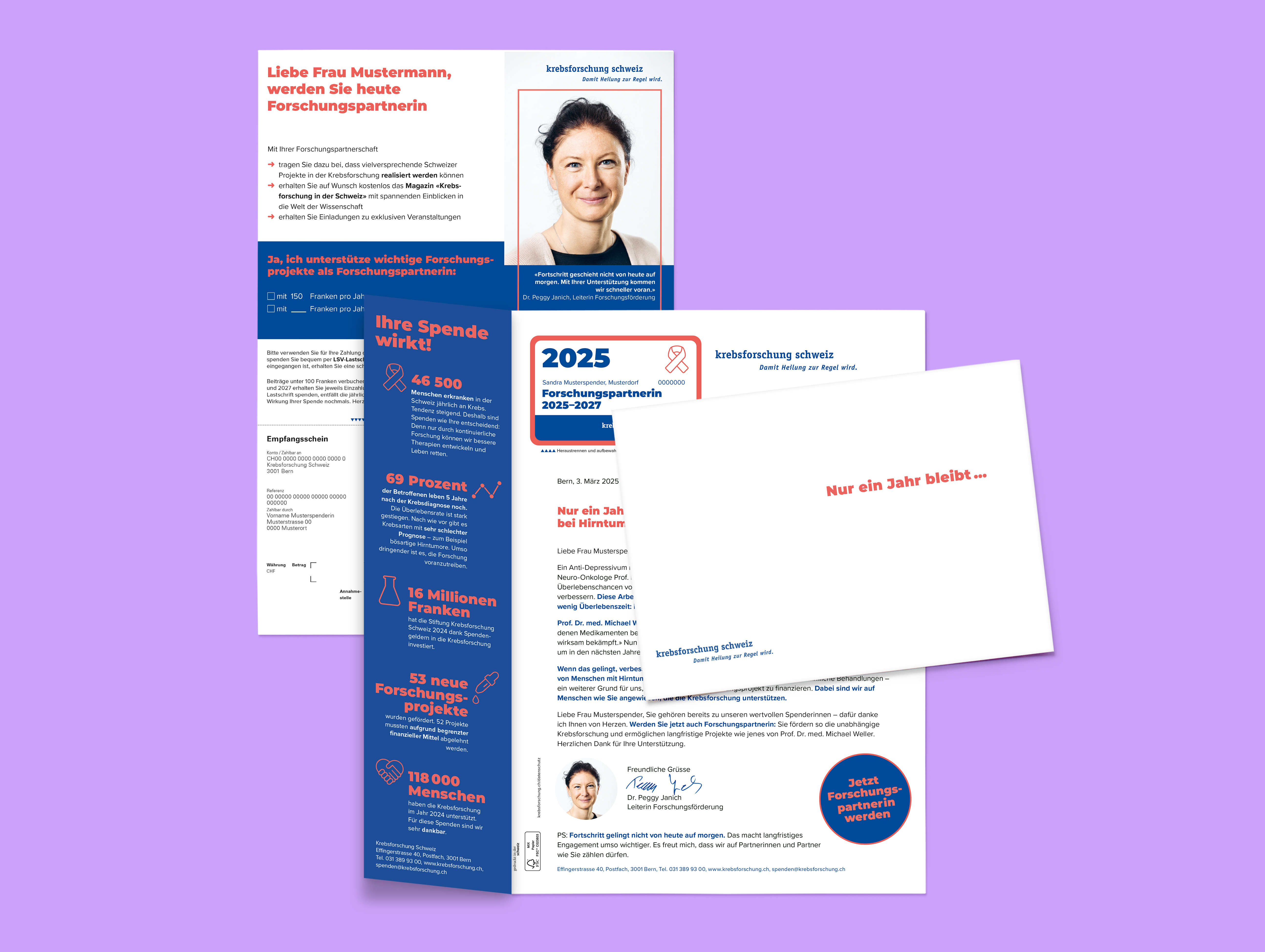 Spendenmailing der Krebsforschung mit Informationen zur Gönnerschaft und Unterstützungsaufruf für krebskranke Menschen
