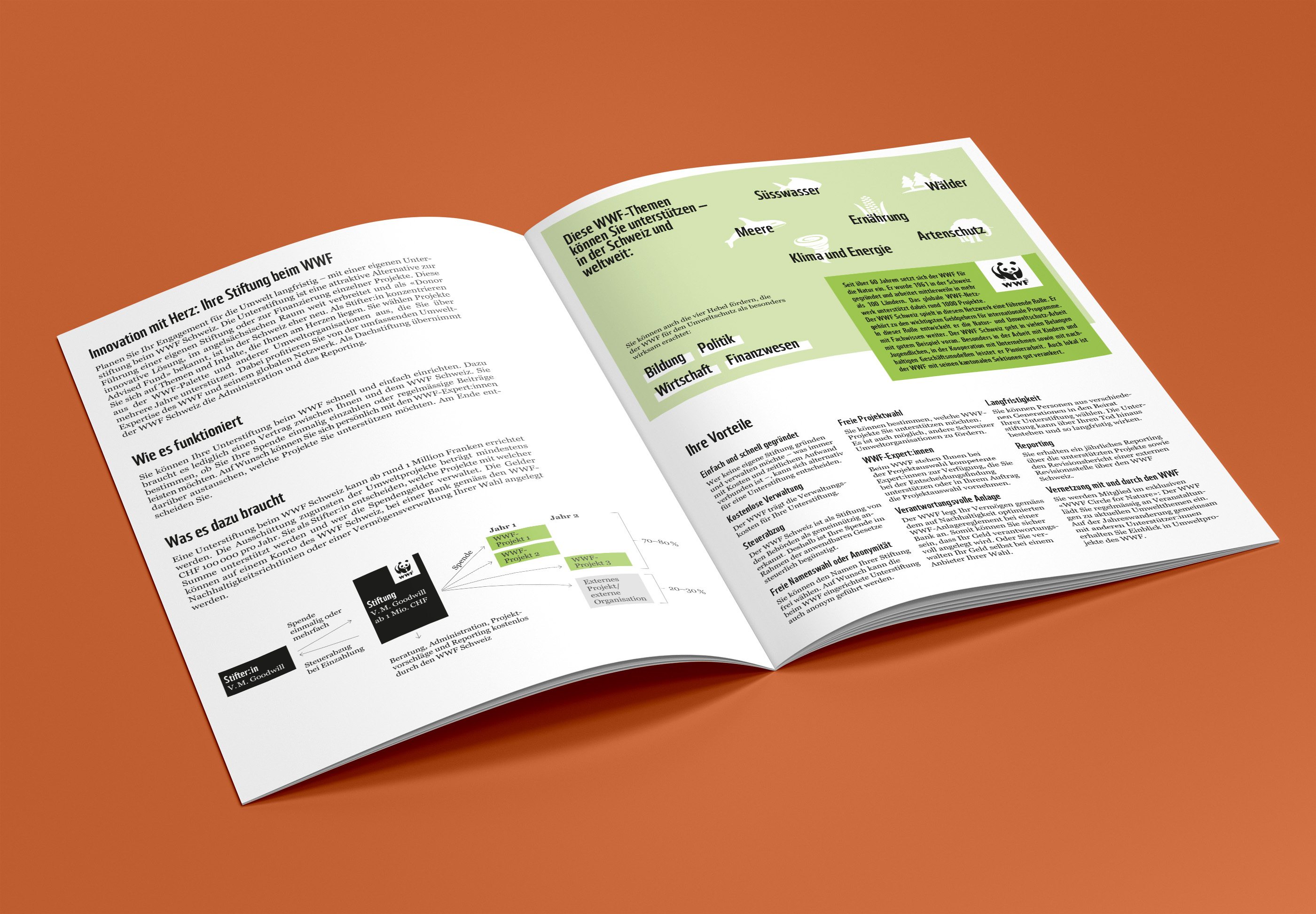Innenseiten einer WWF-Broschüre zur Stiftungserrichtung.