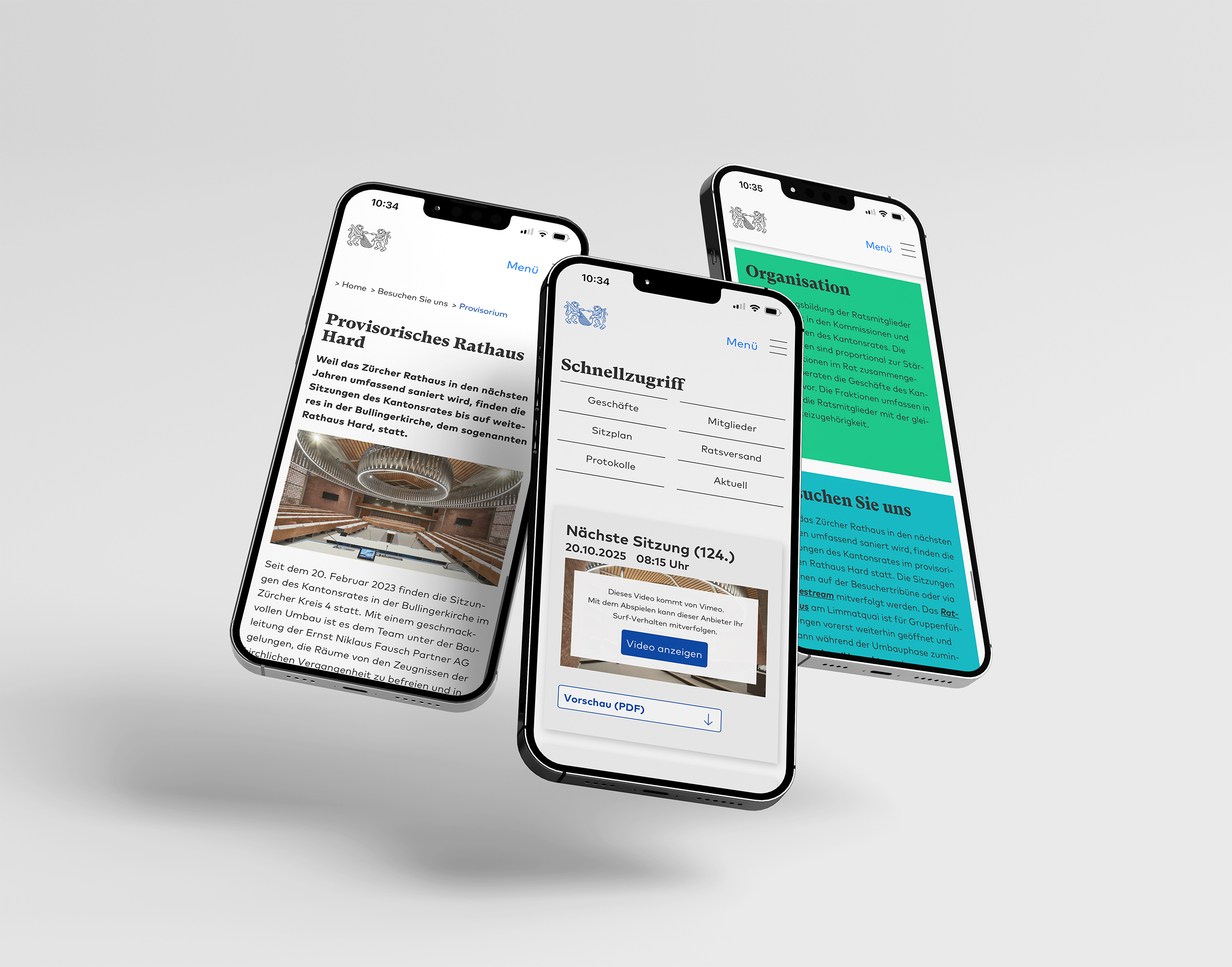 Mobile Webseite des Kantonsrats Zürich mit aktuellen Informationen und Ratsbeschlüssen