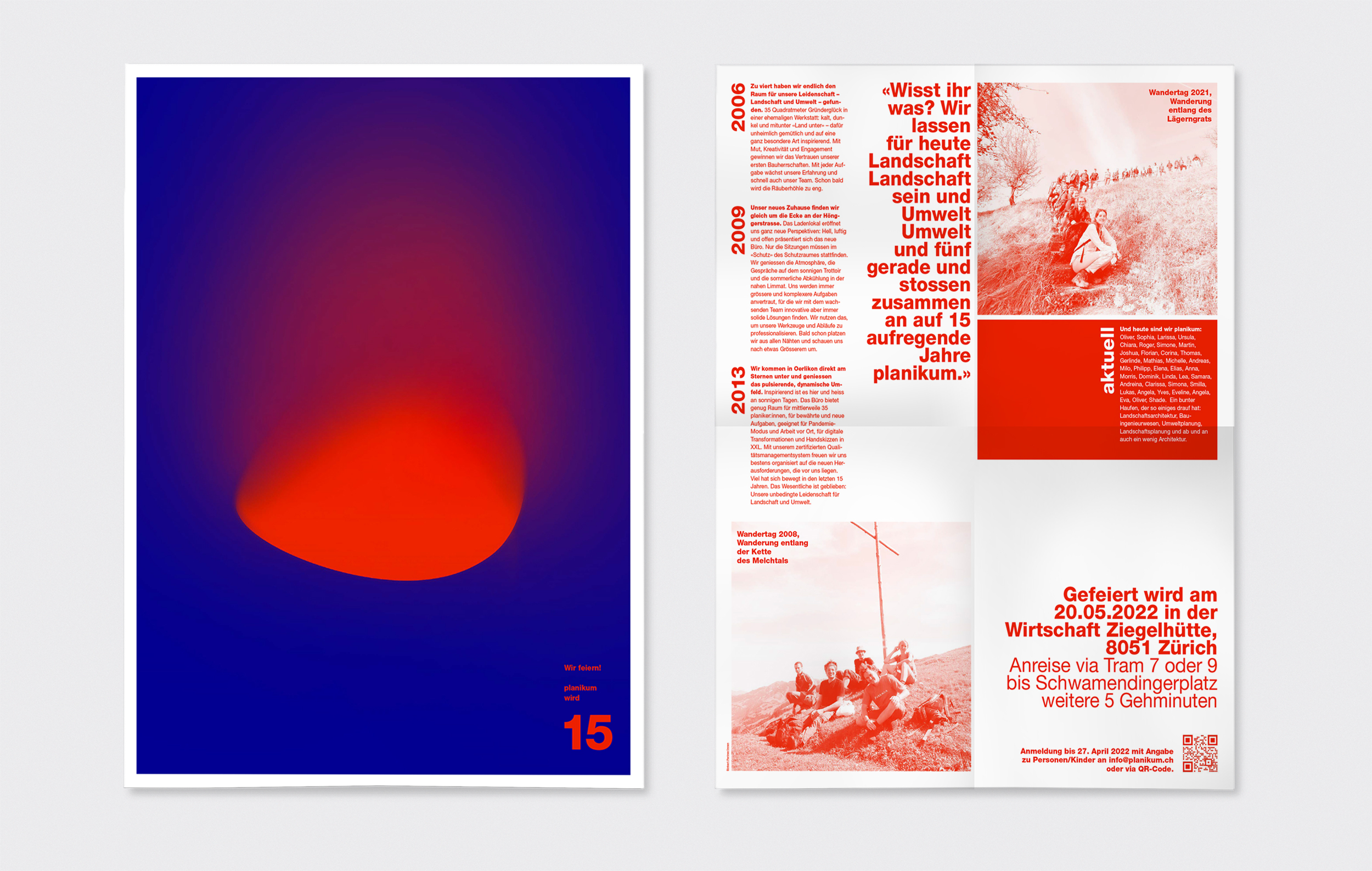Jubiläumsposter und Einladung für 15 Jahre Planikum mit abstraktem Farbverlauf und Textdetails