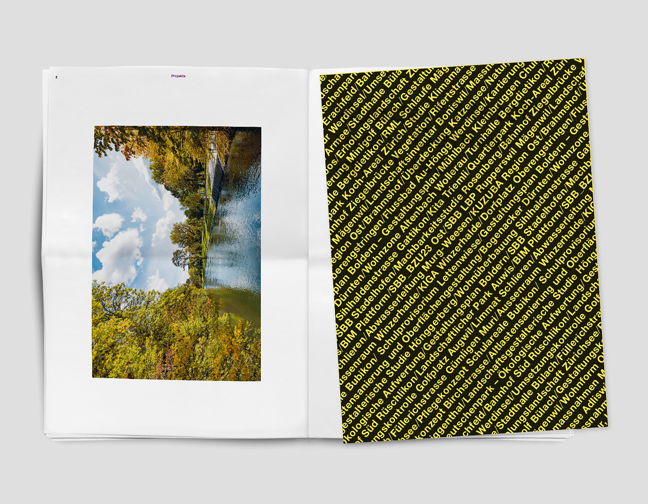 Doppelseite mit Naturaufnahme und Textmuster im Planikum Magazin.