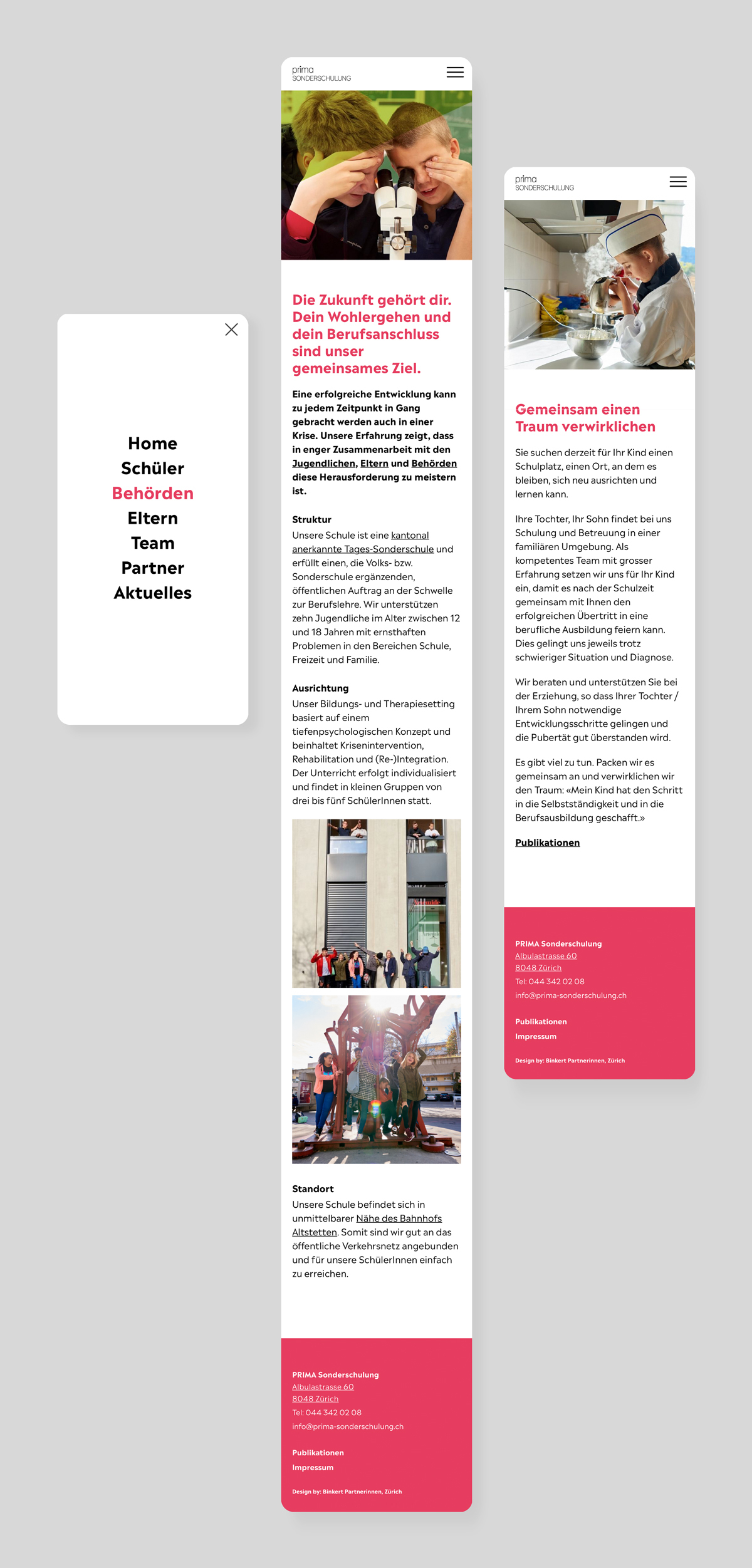 Mobile Ansicht der Website der PrimaSonderschulung mit Navigation und Schulinformationen.