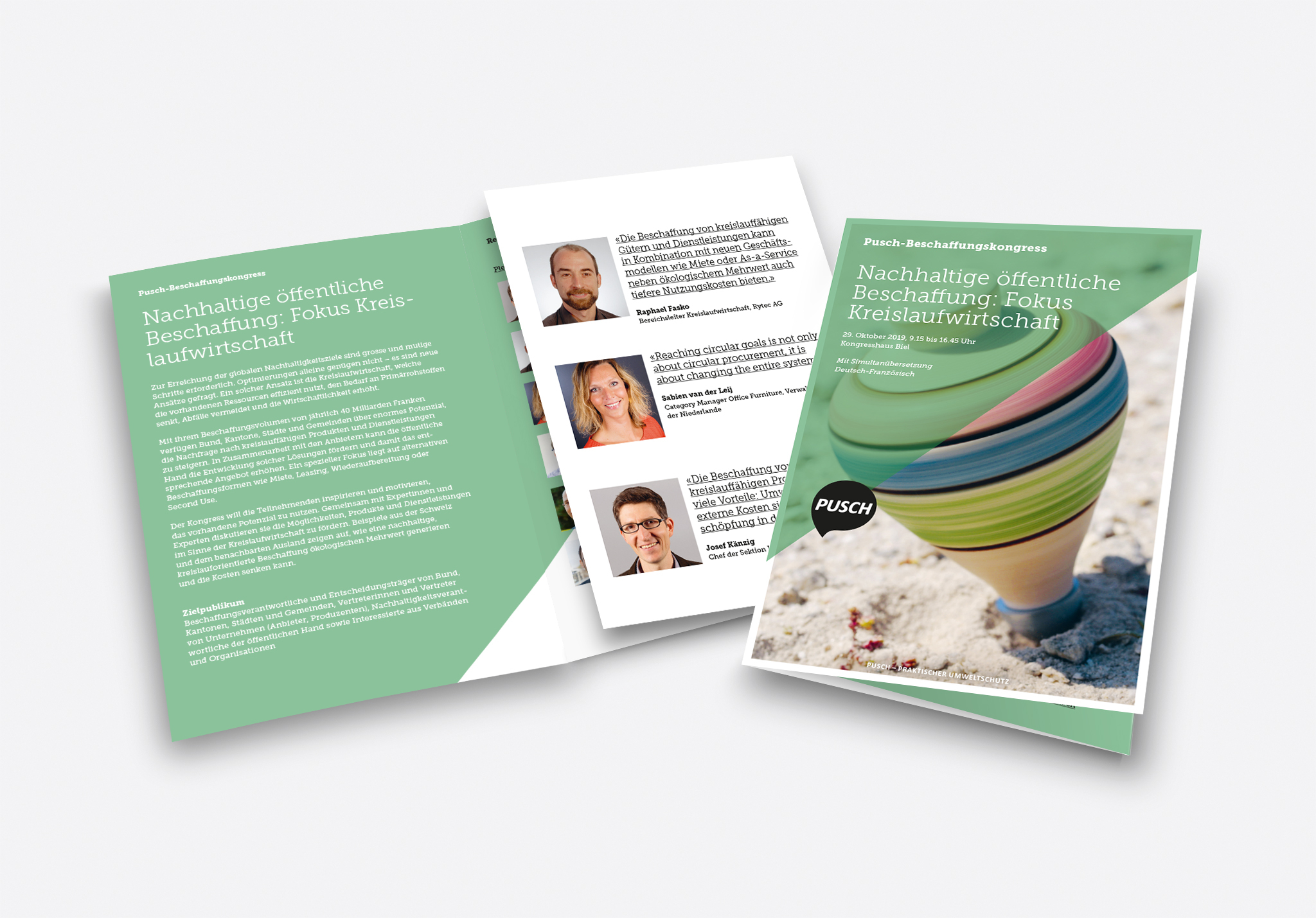 Broschüre „Nachhaltige öffentliche Beschaffung: Fokus Kreislaufwirtschaft“ des Pusch-Beschaffungskongresses mit Cover und Innenansicht.