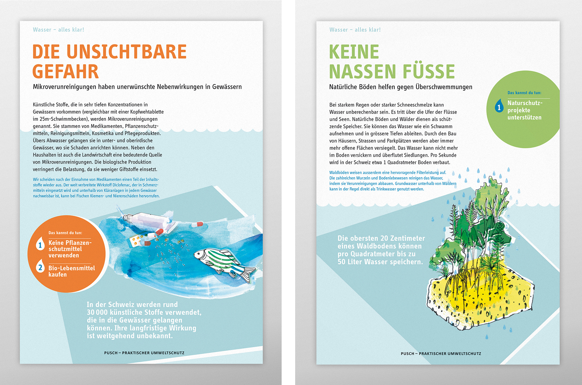 Poster der Pusch-Ausstellung „Wasser – Alles klar!“ zu Mikroverunreinigungen und Hochwasserschutz.