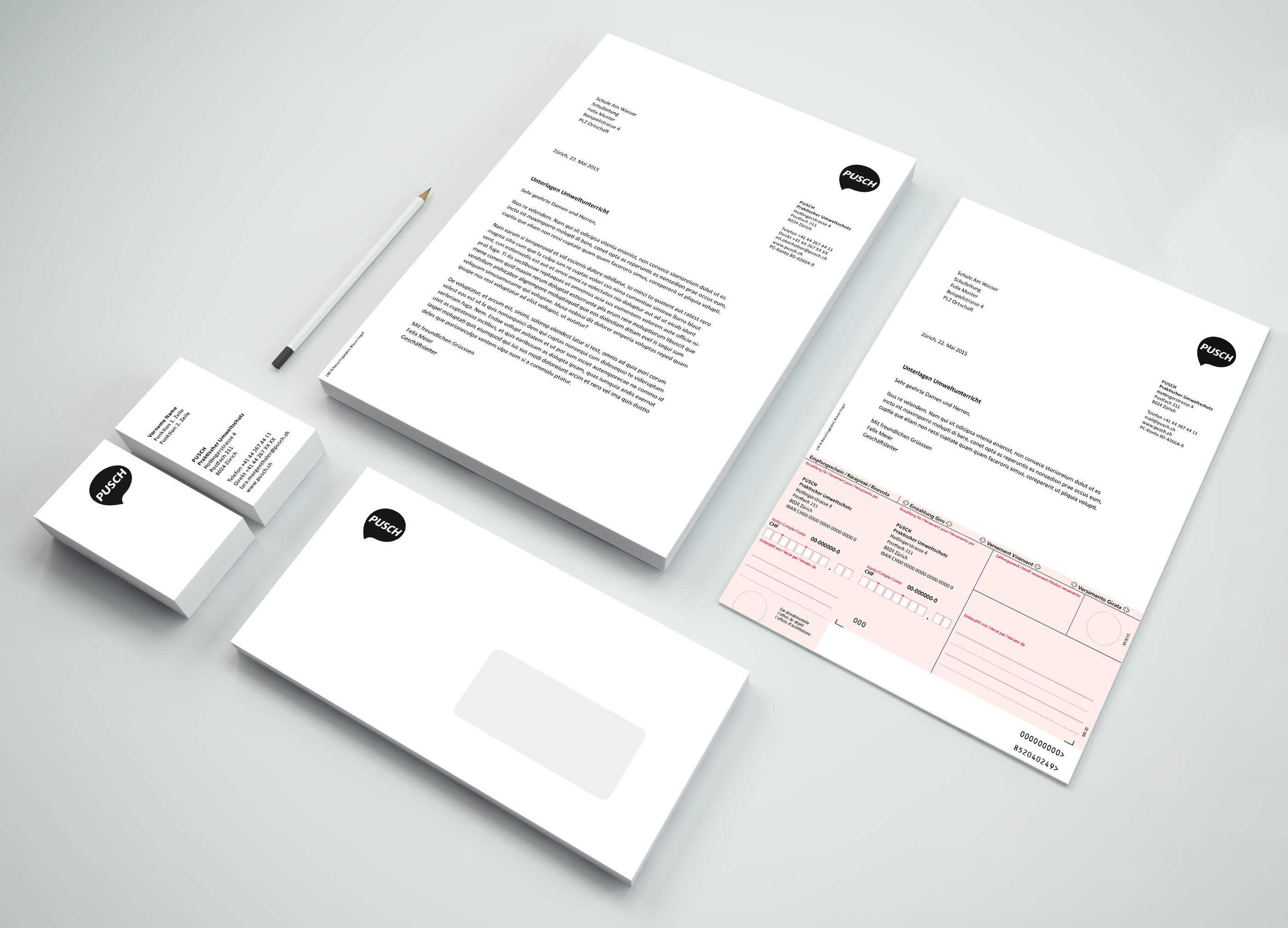 Briefschaften von Pusch mit Briefpapier, Visitenkarten, Umschlag und Einzahlungsschein auf hellem Hintergrund.