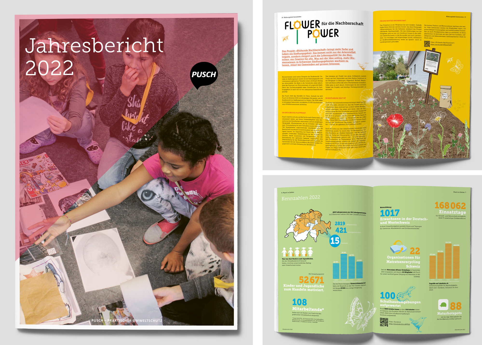 Titel- und Innenseiten des Jahresberichts 2022 von Pusch mit Projekten, Kennzahlen und Informationen.