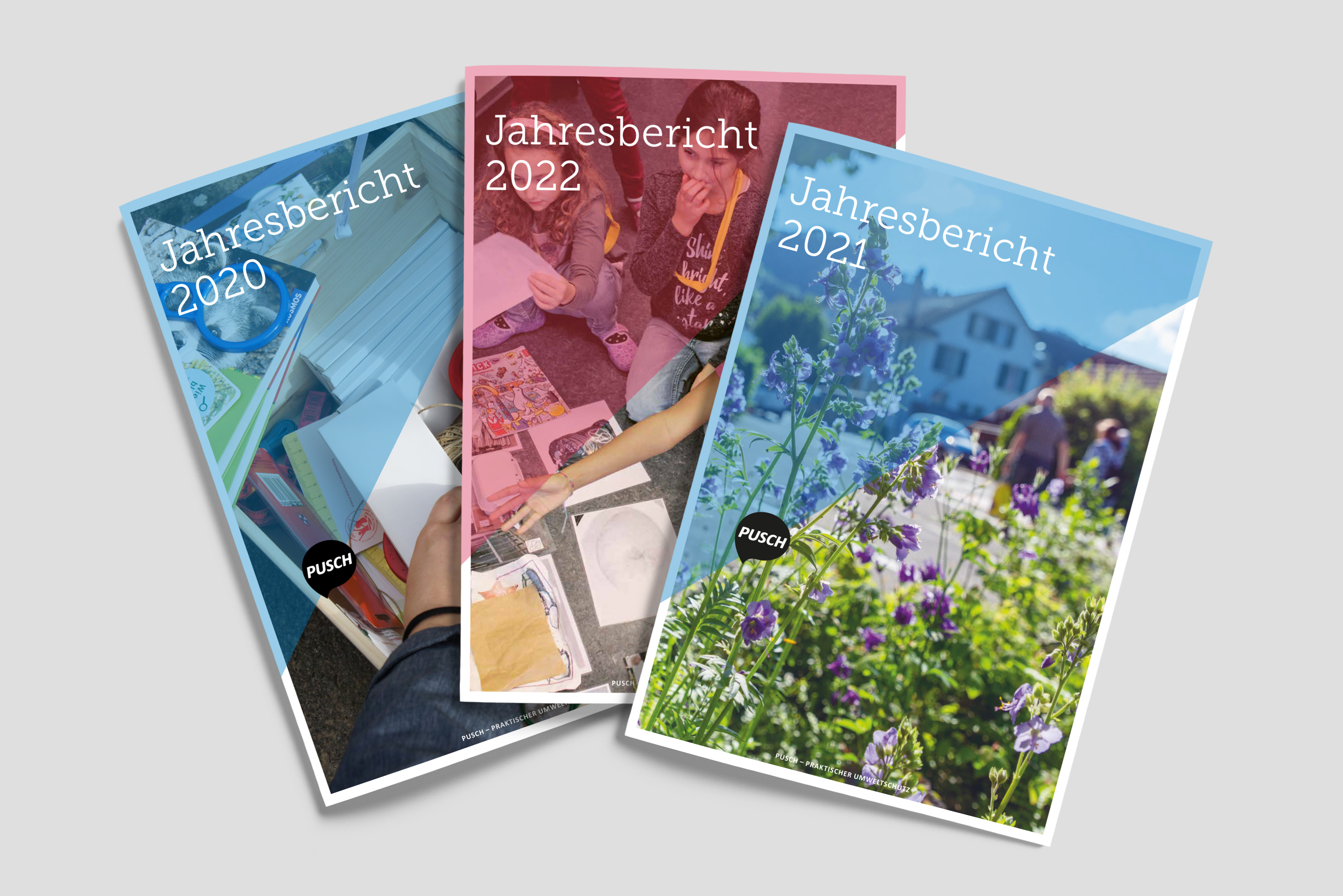 Jahresberichte 2020, 2021 und 2022 von Pusch mit individuellen Titelbildern.