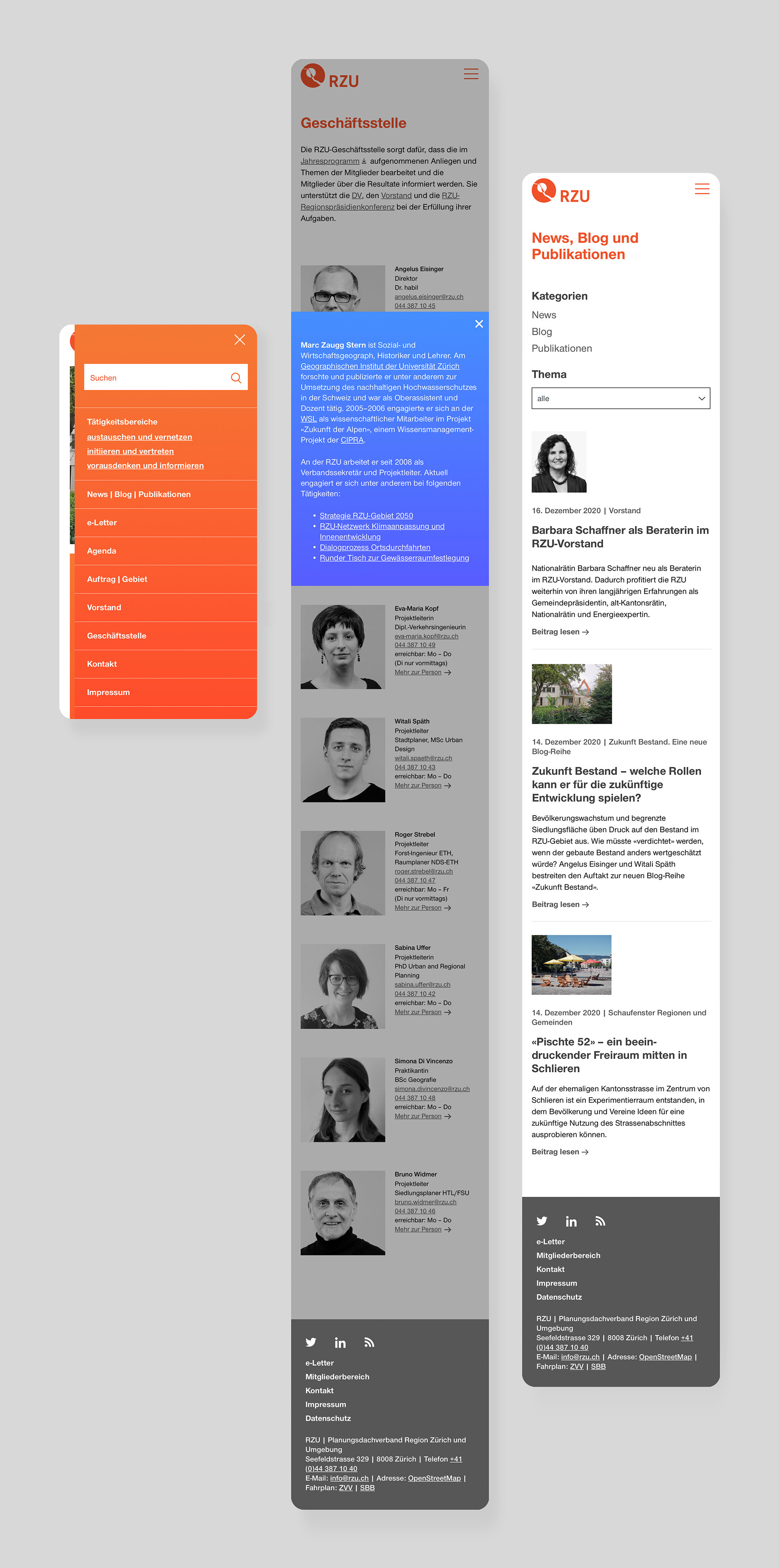 Mobile Ansicht der RZU-Website mit Bereichen für Team, News und Navigation.