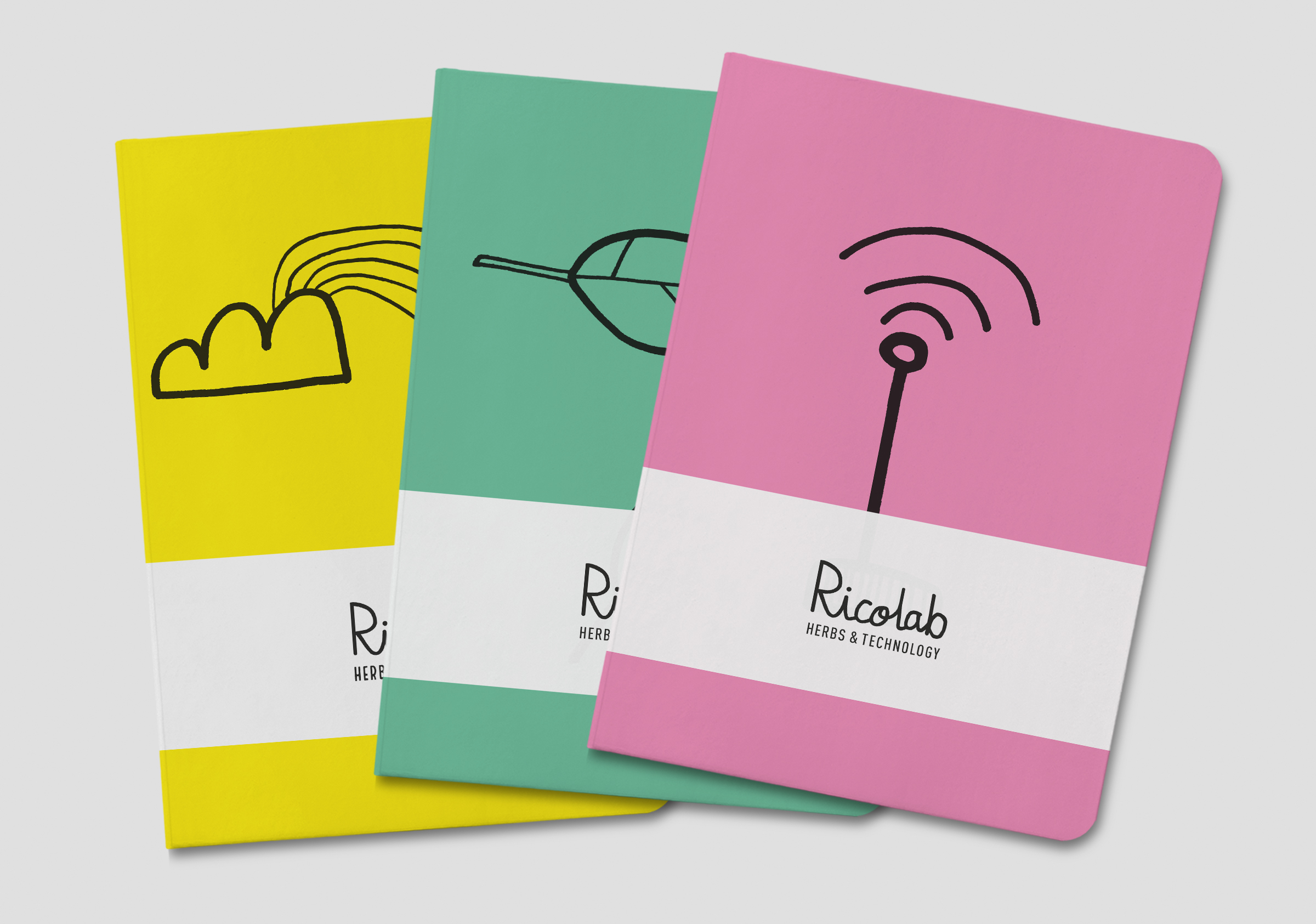 Drei bunte Notizbücher von Ricolab in Gelb, Grün und Rosa, jeweils mit minimalistischen, schwarzen Illustrationen (Regenbogen, Blatt, Funkwelle) und dem Logo „Ricolab – Herbs & Technology“.