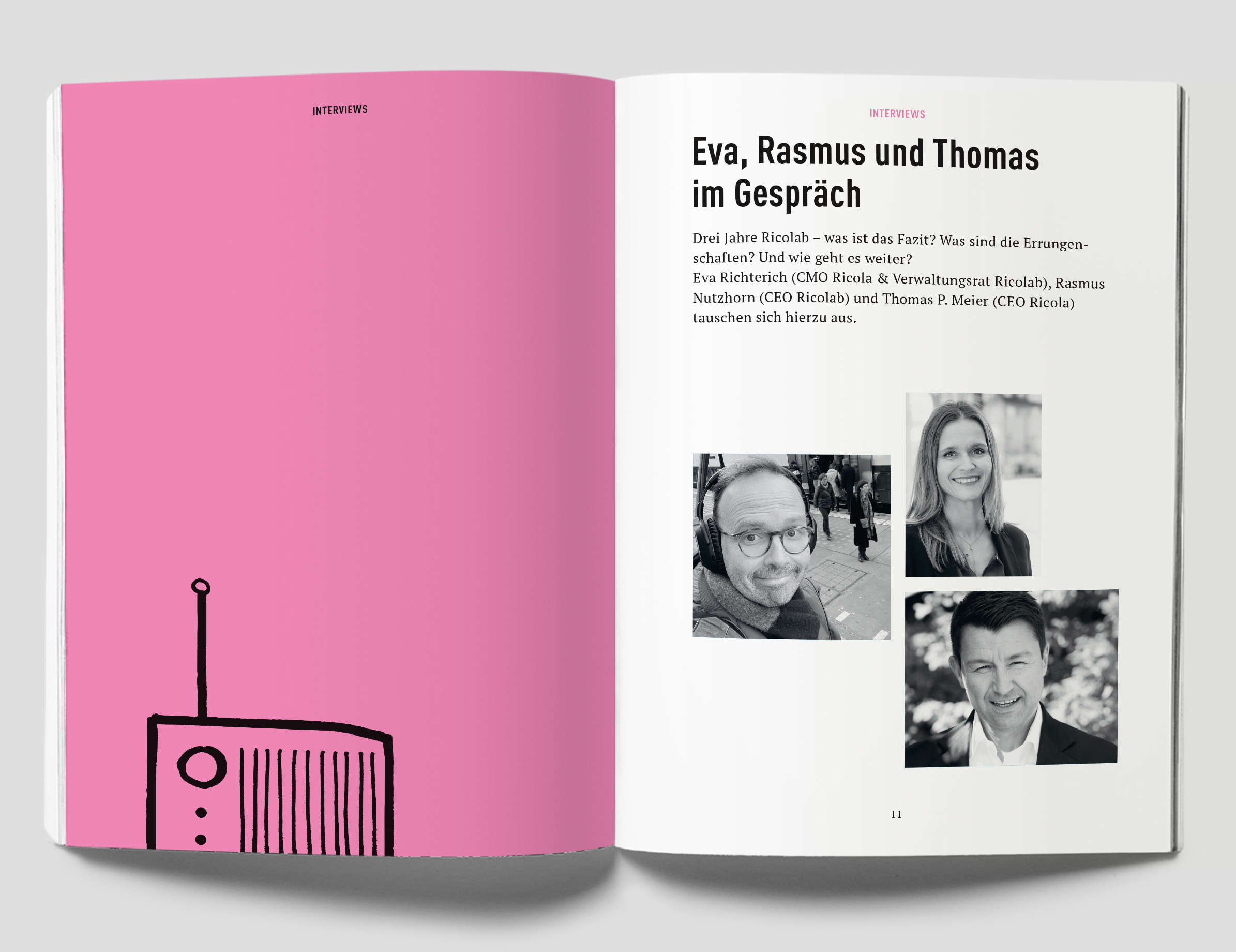 Doppelseite mit Interview „Eva, Rasmus und Thomas im Gespräch“ und rosa Design.