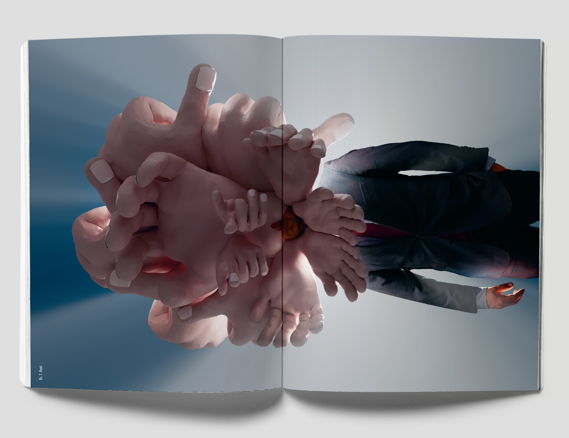 Surreale Illustration von verschlungenen Händen vor einem Mann im Anzug.