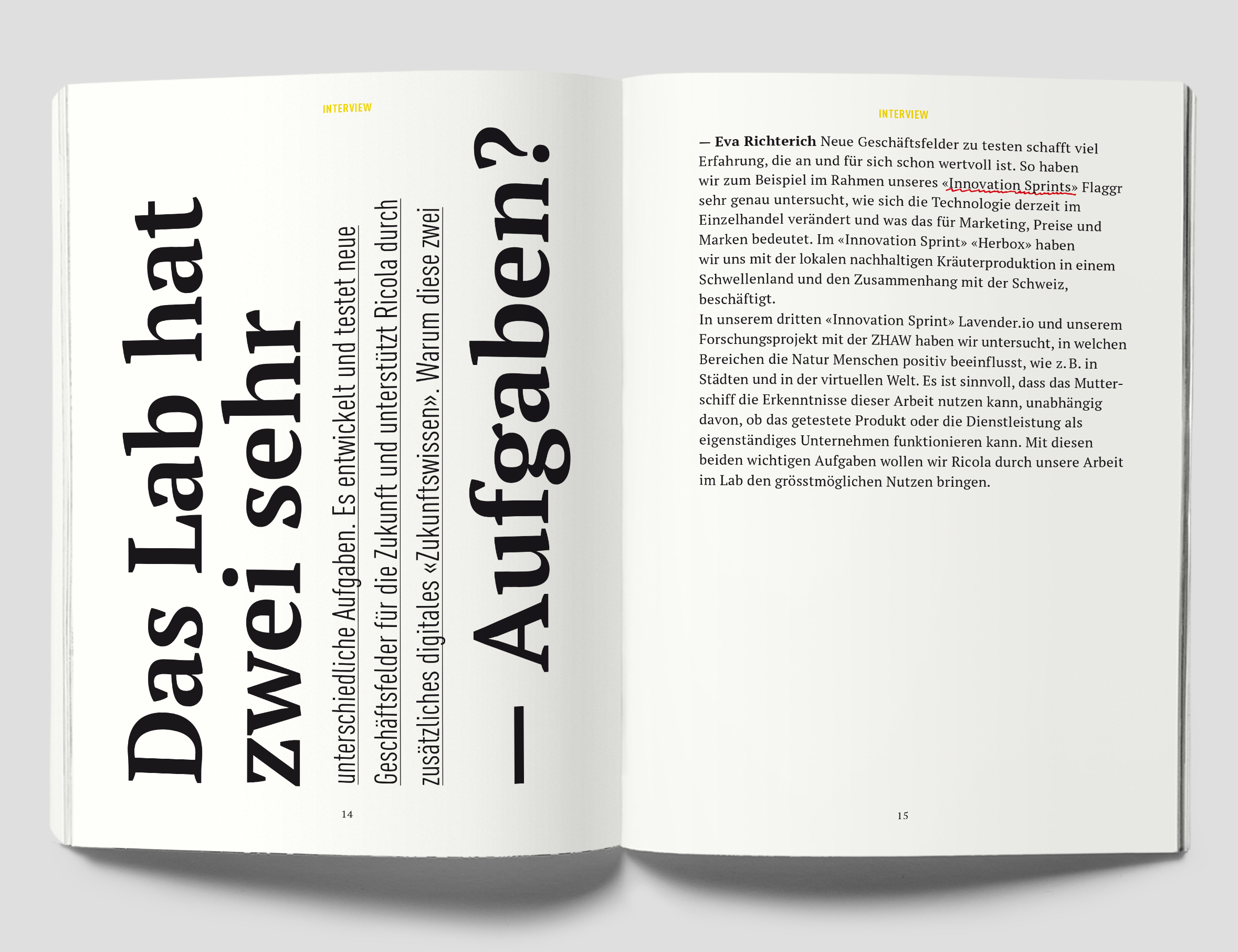 Doppelseite eines Buches mit Titel „Das Lab hat zwei sehr unterschiedliche Aufgaben?“ und Interviewtext.