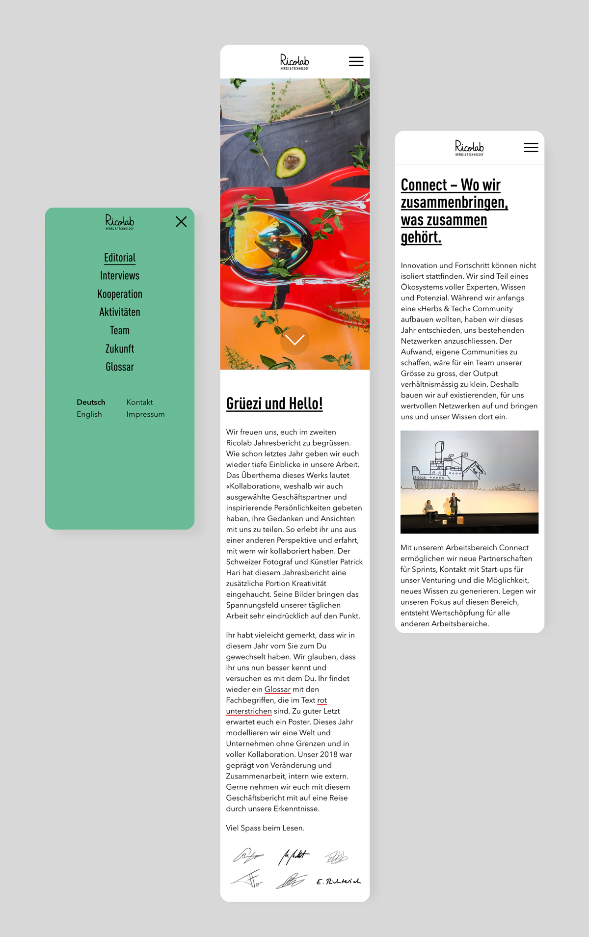 Mobile-Ansicht der Ricolab-Website mit Menü und Begrüssungstext.