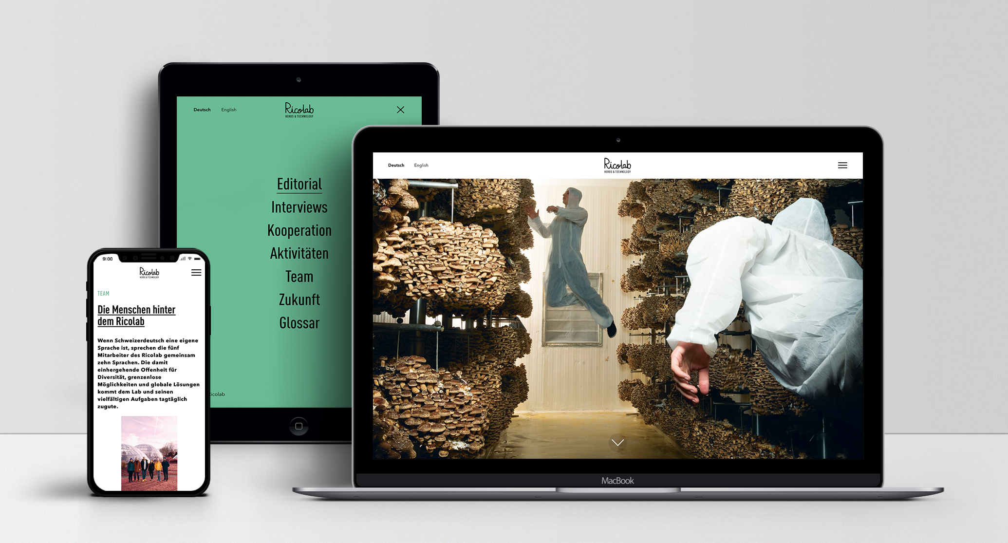 Ricolab-Website auf Smartphone, Tablet und Laptop mit Fokus auf Team und Projekte.