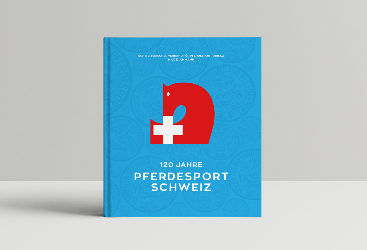 Jubiläumsbuch „120 Jahre Pferdesport Schweiz“ mit blauem Hintergrund und stilisiertem Pferdekopf-Logo.