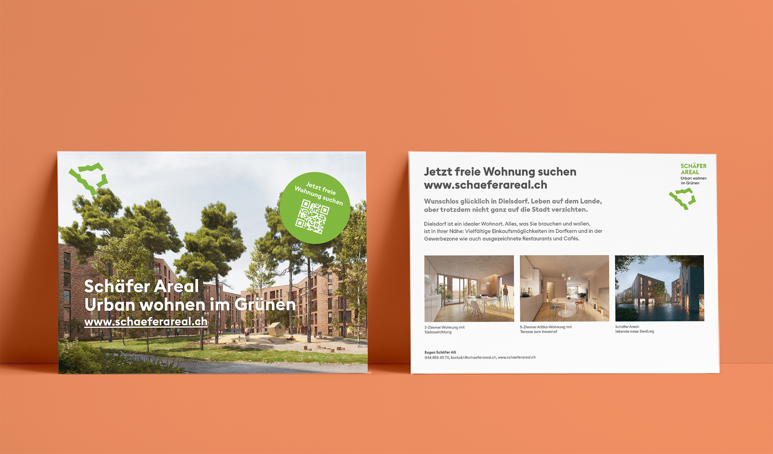 Werbekarte A6 für Schäfer Areal: Urbanes Wohnen im Grünen